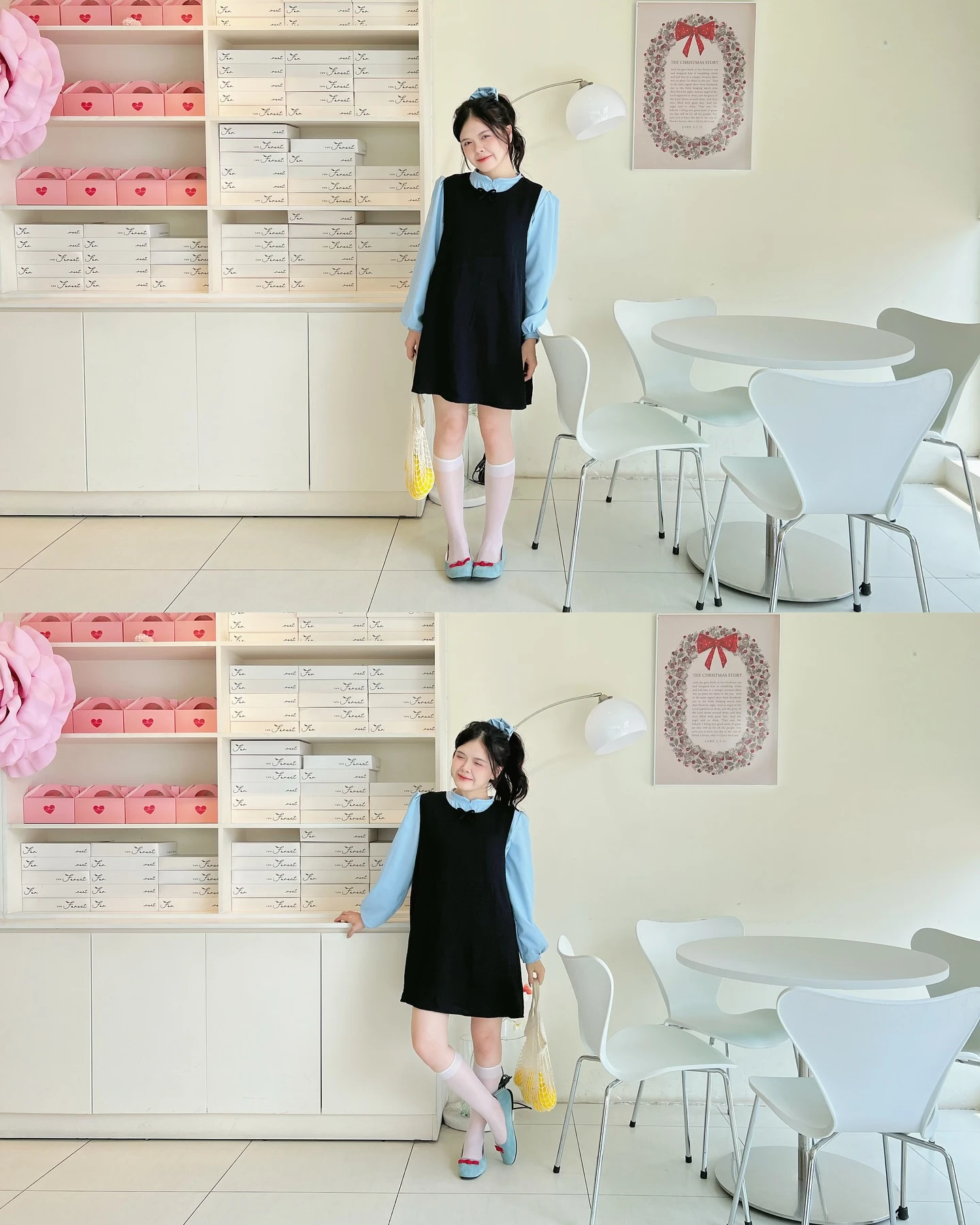  Set babydoll yếm đen phối áo xanh tay dài 