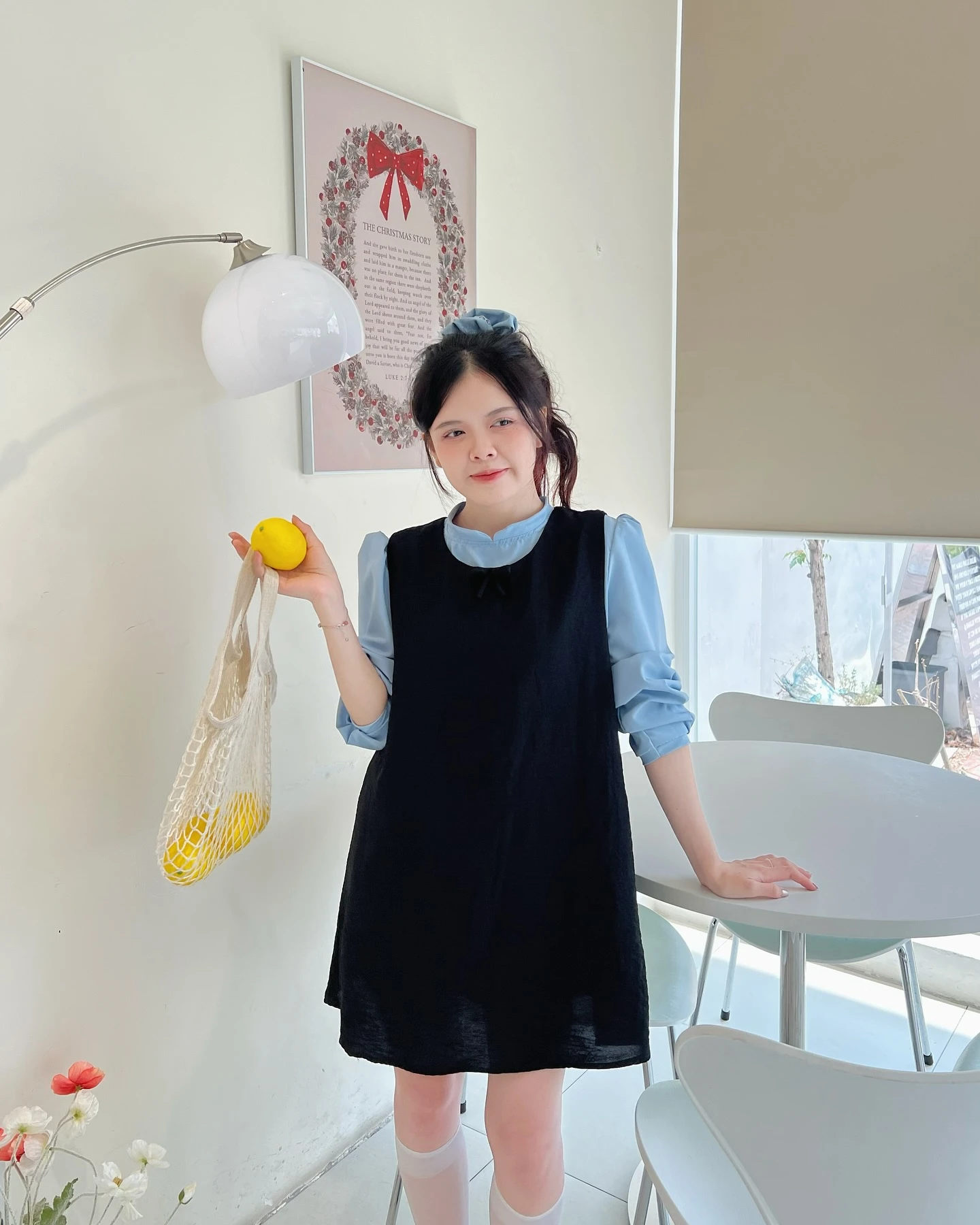 Set babydoll yếm đen phối áo xanh tay dài