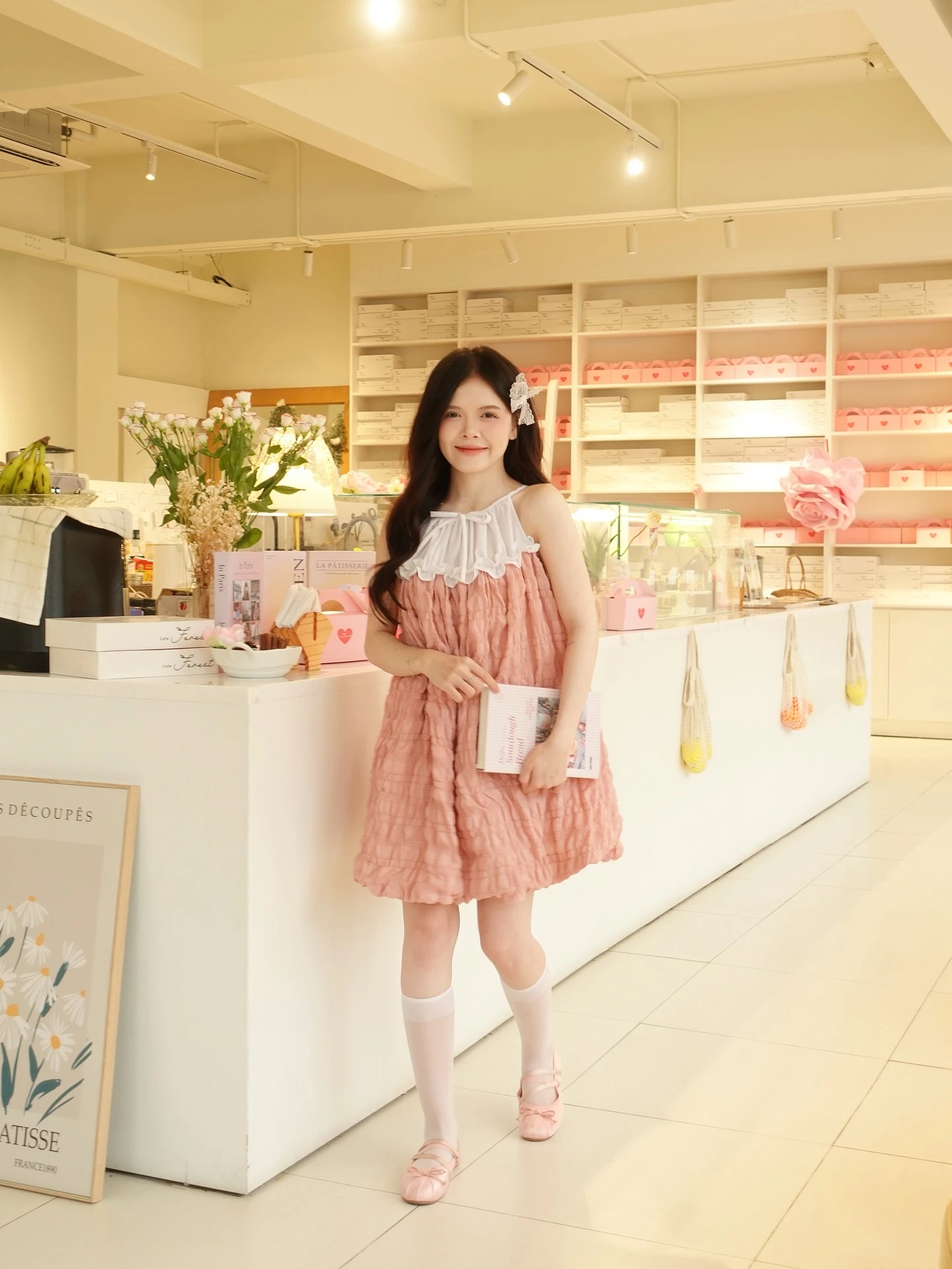 Set babydoll hồng bồng bềnh phối trắng 2 dây nơ kèm bảo hộ