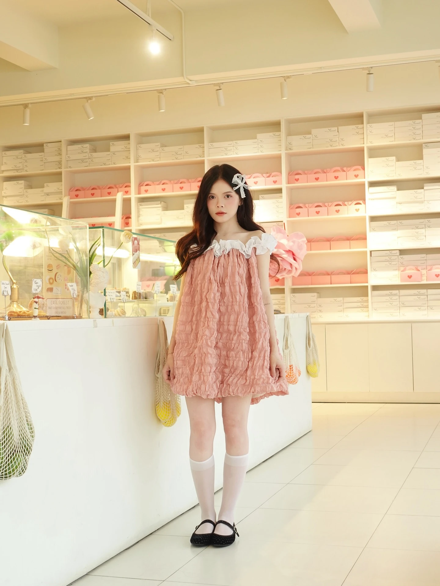 Set babydoll hồng phối trắng bồng bềnh trễ vai kèm bảo hộ