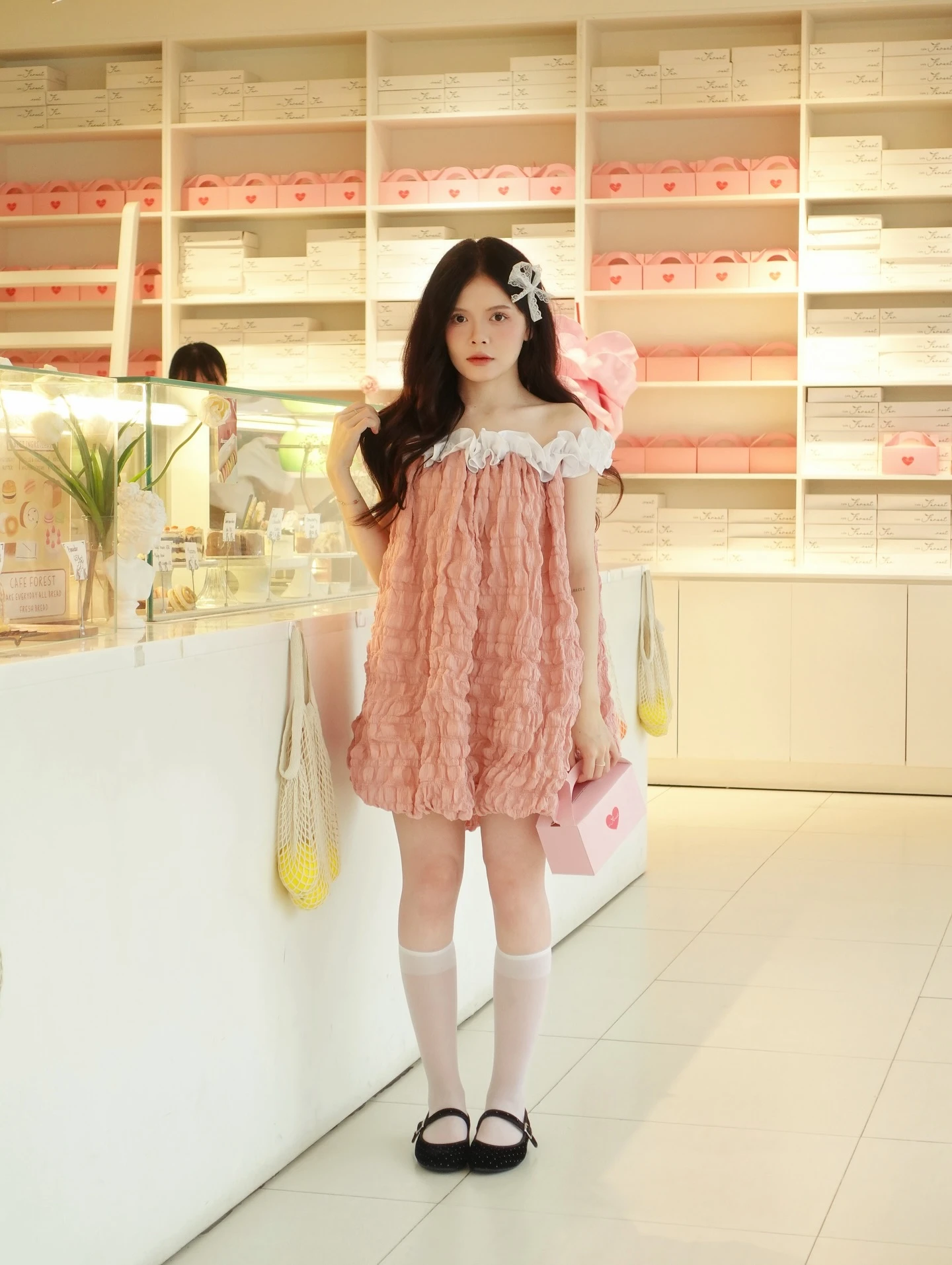 Set babydoll hồng phối trắng bồng bềnh trễ vai kèm bảo hộ