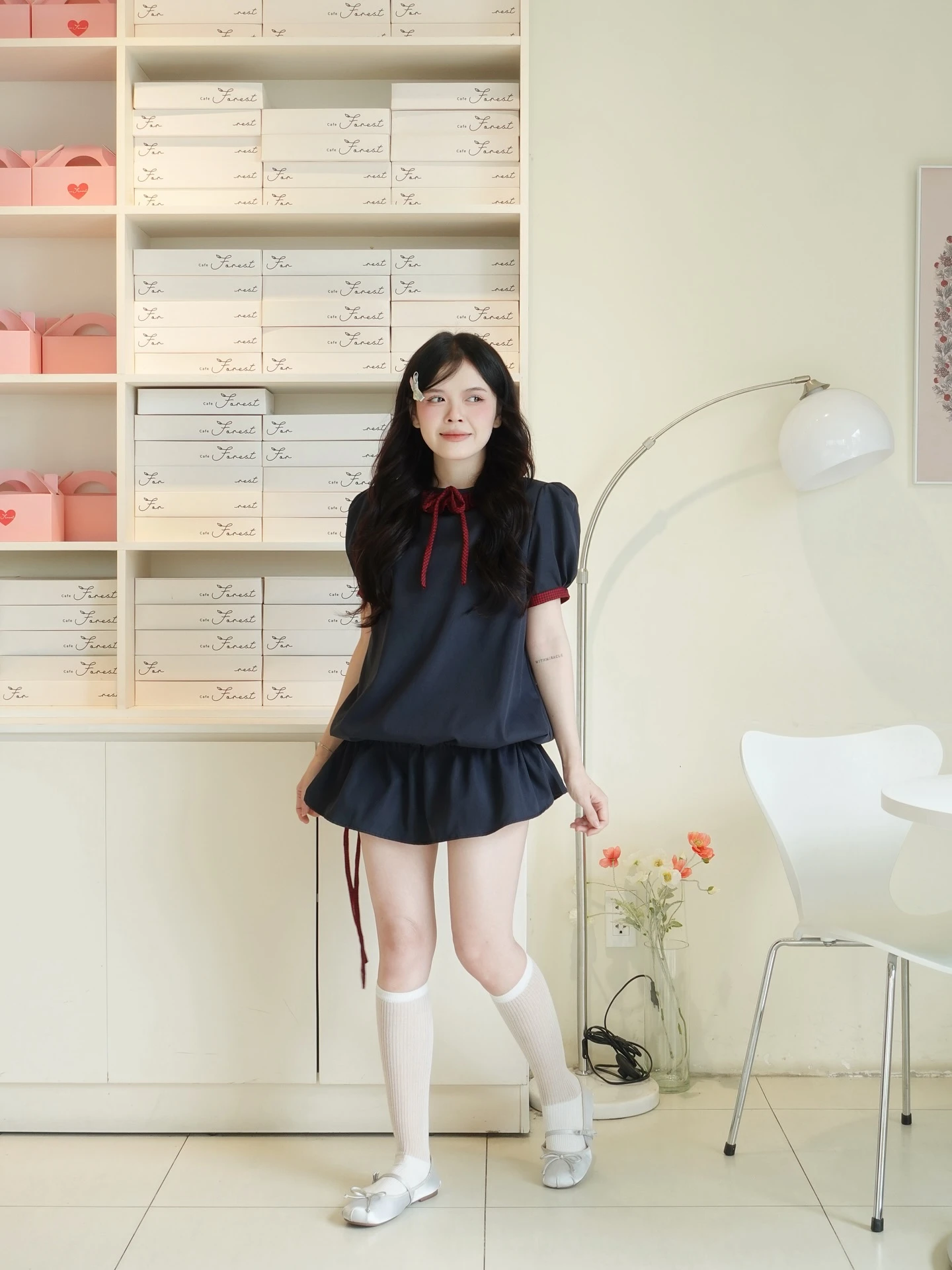  Set babydoll xanh than phối caro đỏ rút dây kèm bảo hộ 