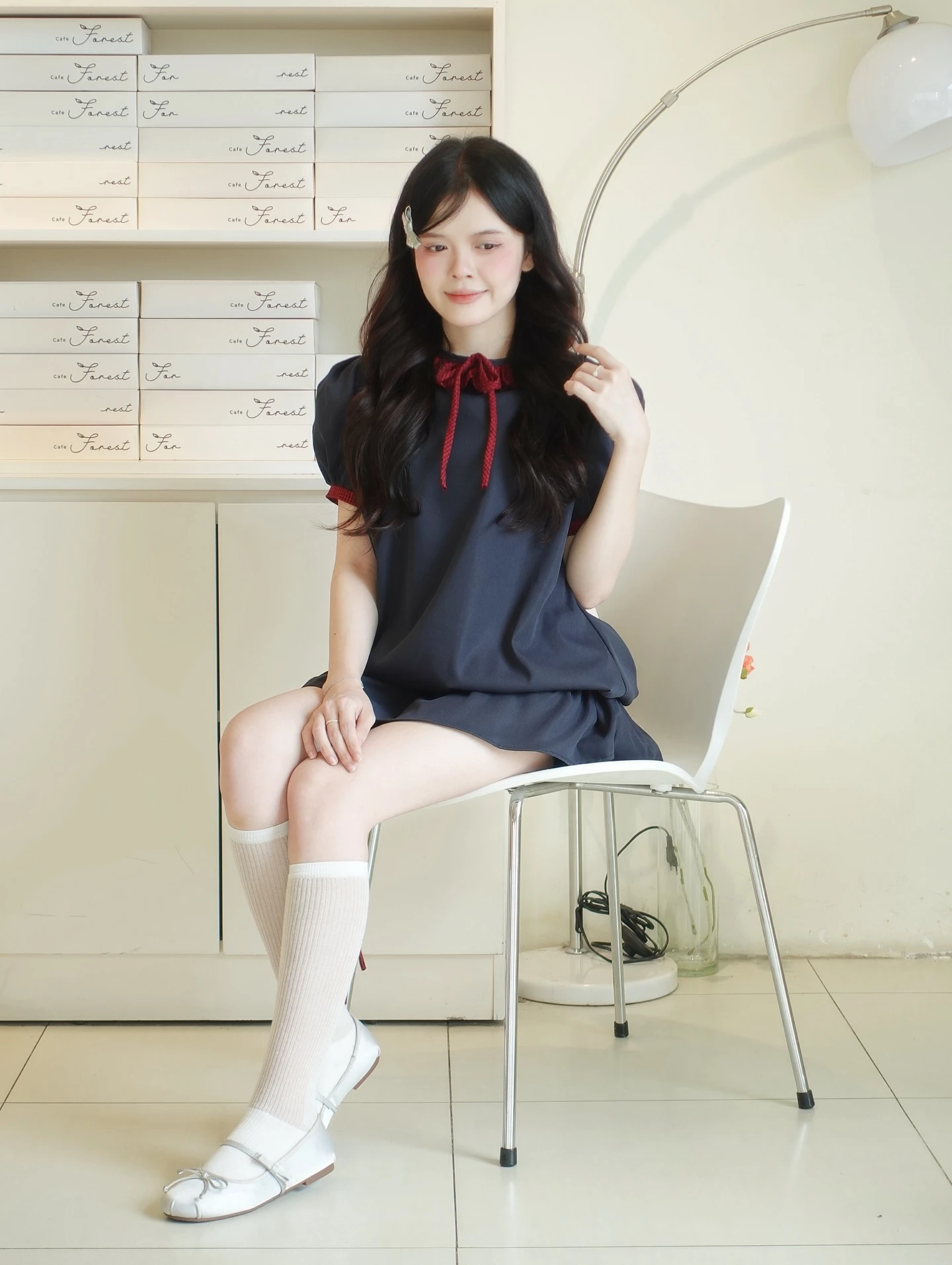 Set babydoll xanh than phối caro đỏ rút dây kèm bảo hộ