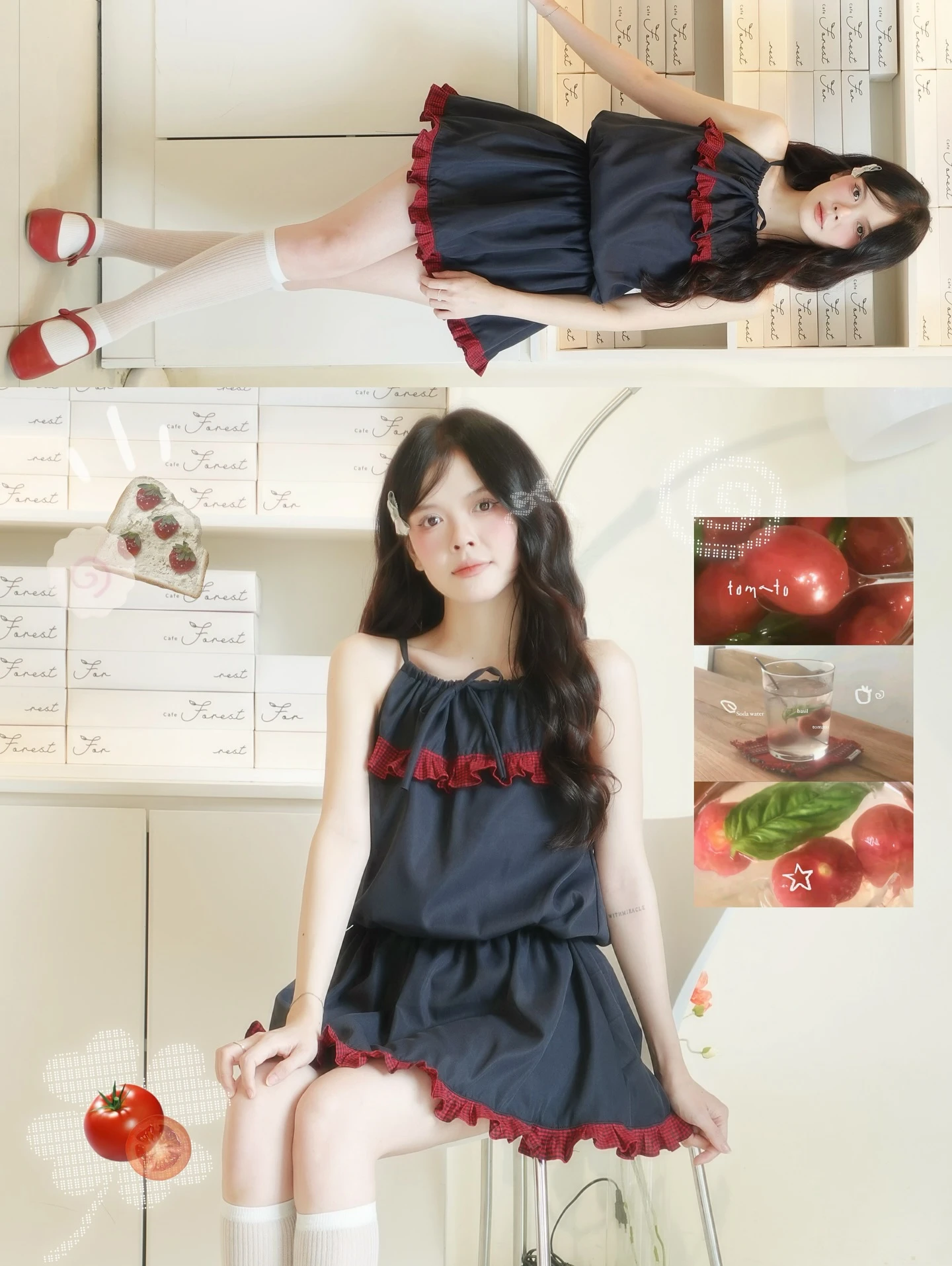 Set yếm bo chun xanh than phối nơ, bèo caro đỏ kèm bảo hộ