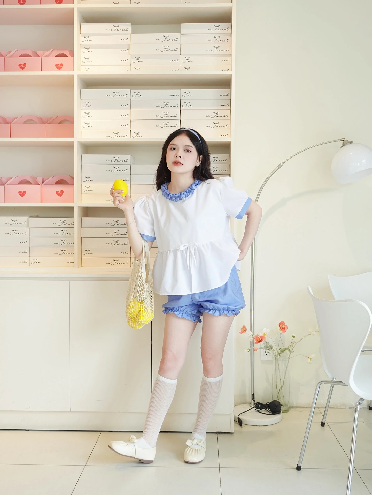 Set babydoll áo trắng + quần xanh line bèo