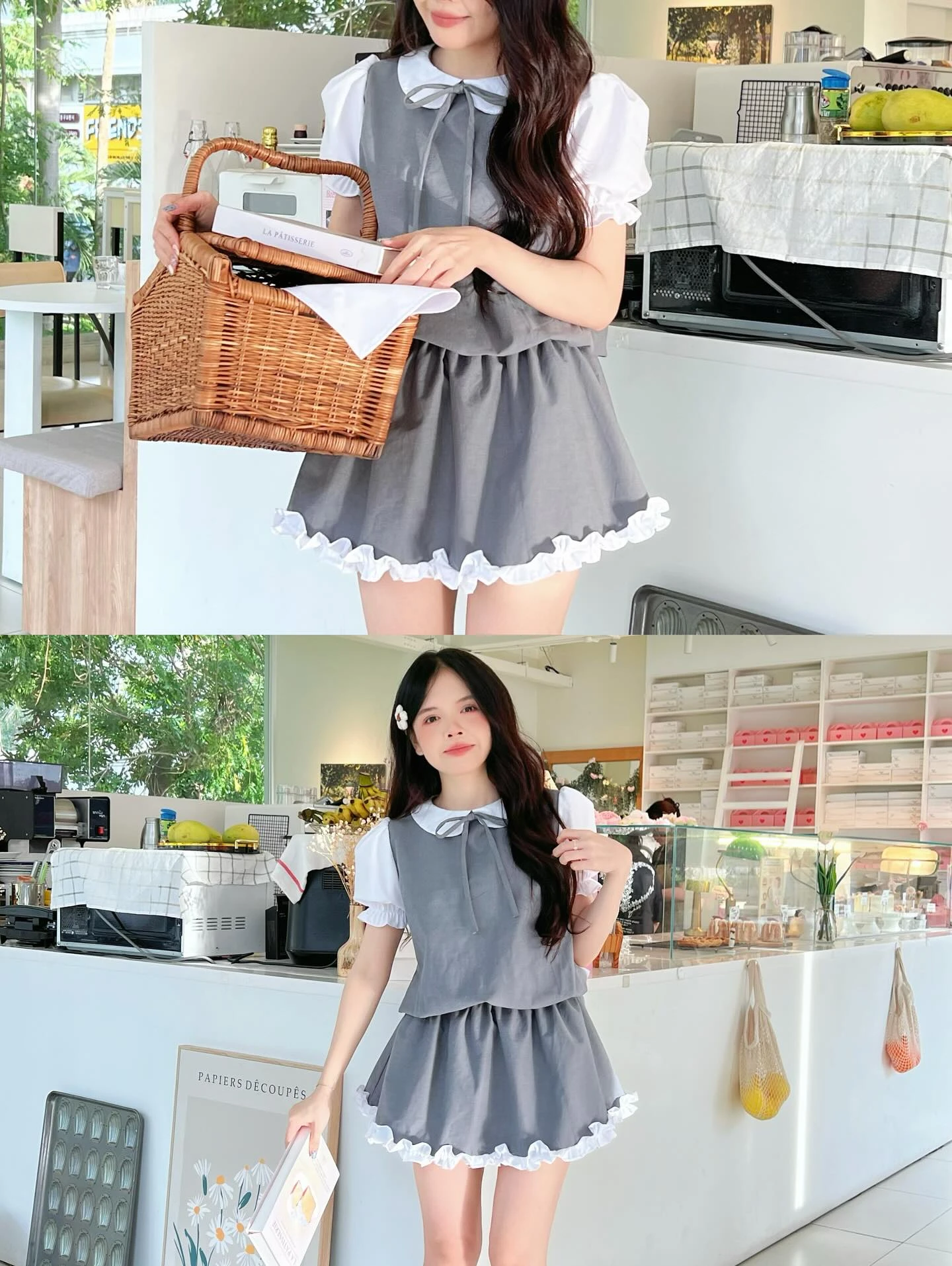 Set babydoll xám phối cổ, tay trắng bo chun kèm bảo hộ