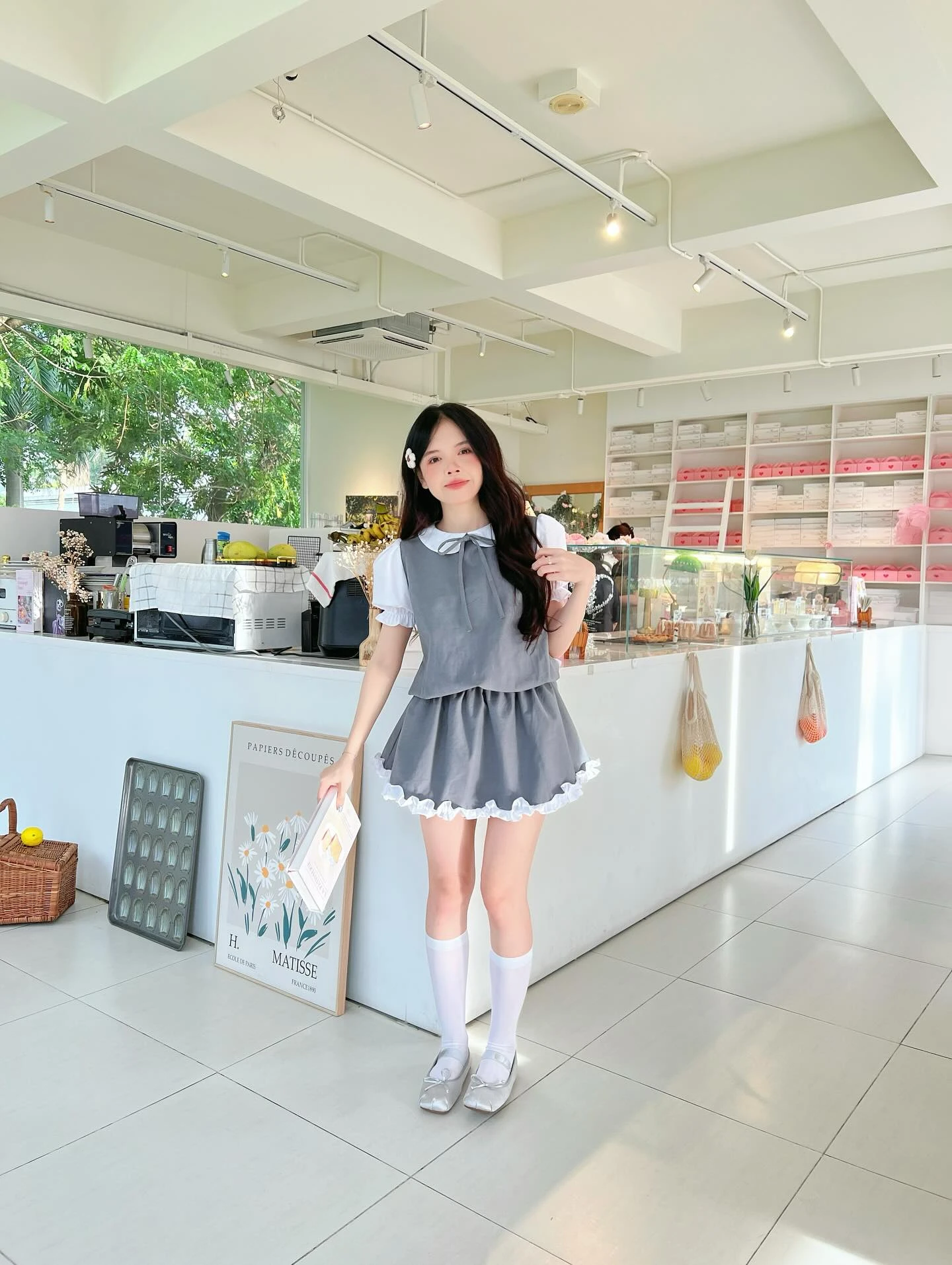 Set babydoll xám phối cổ, tay trắng bo chun kèm bảo hộ