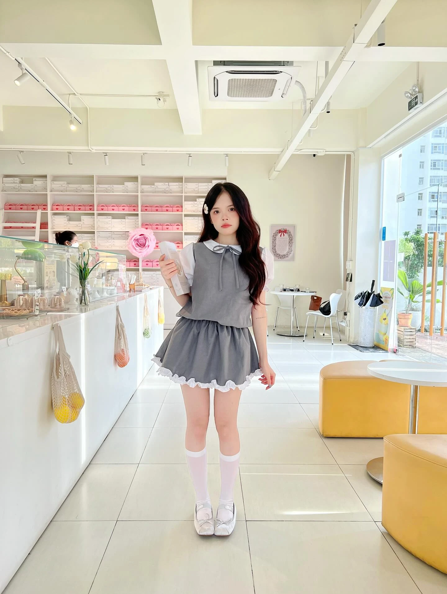 Set babydoll xám phối cổ, tay trắng bo chun kèm bảo hộ