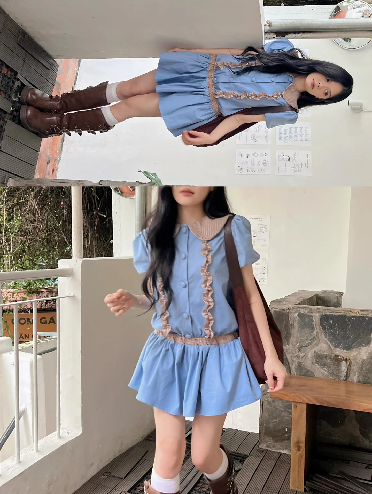 Set babydoll xanh dương phối caro nâu kèm bảo hộ