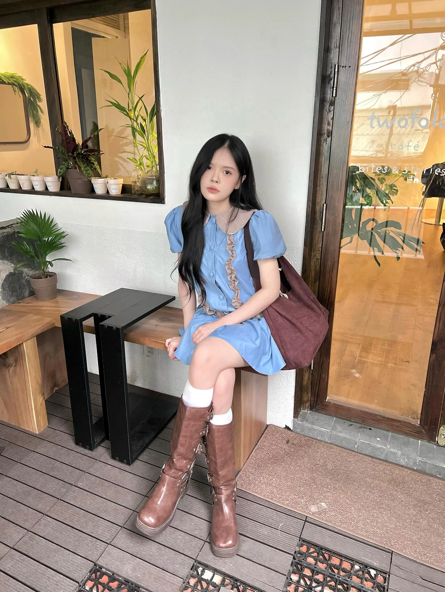 Set babydoll xanh dương phối caro nâu kèm bảo hộ