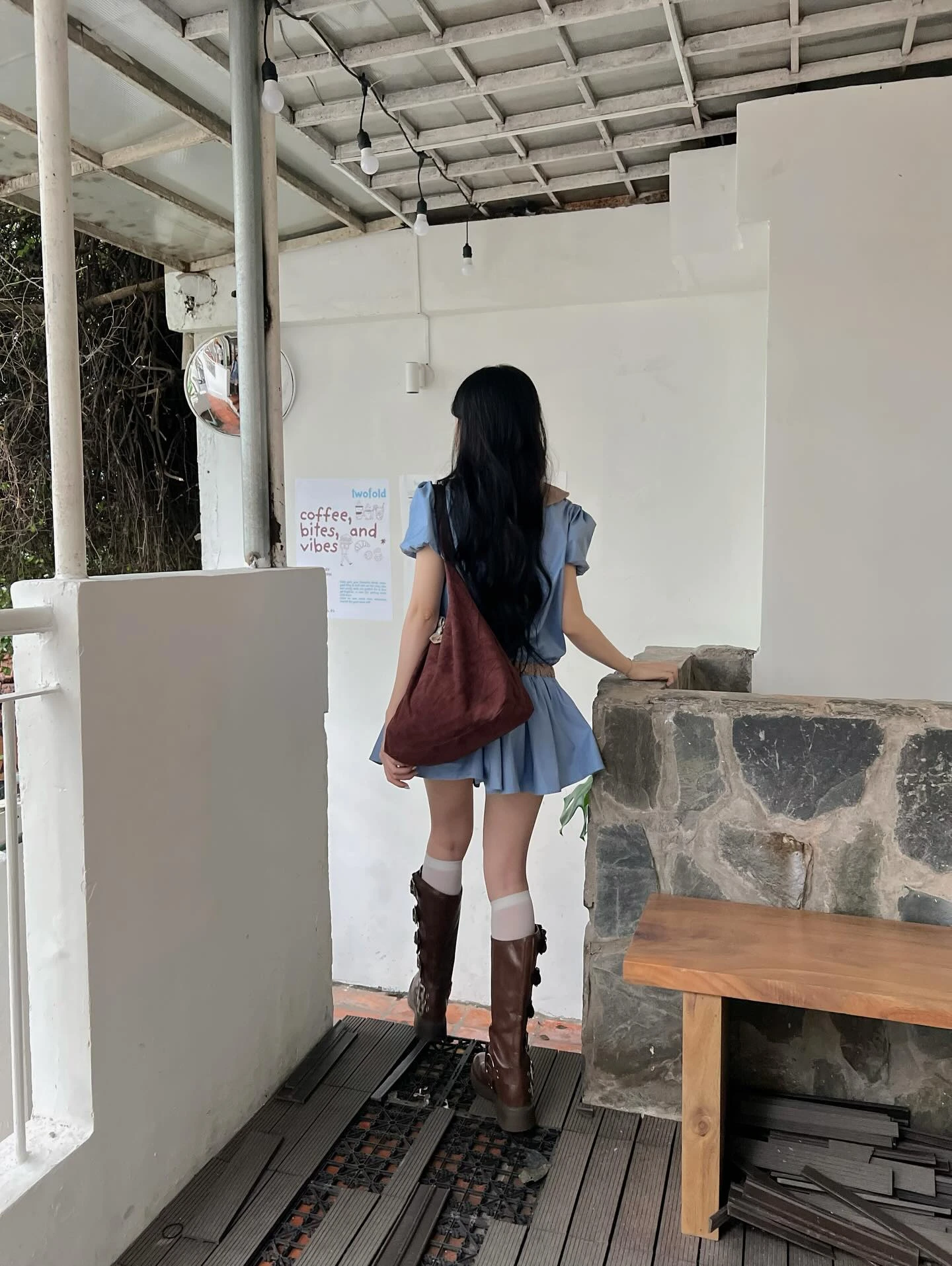 Set babydoll xanh dương phối caro nâu kèm bảo hộ