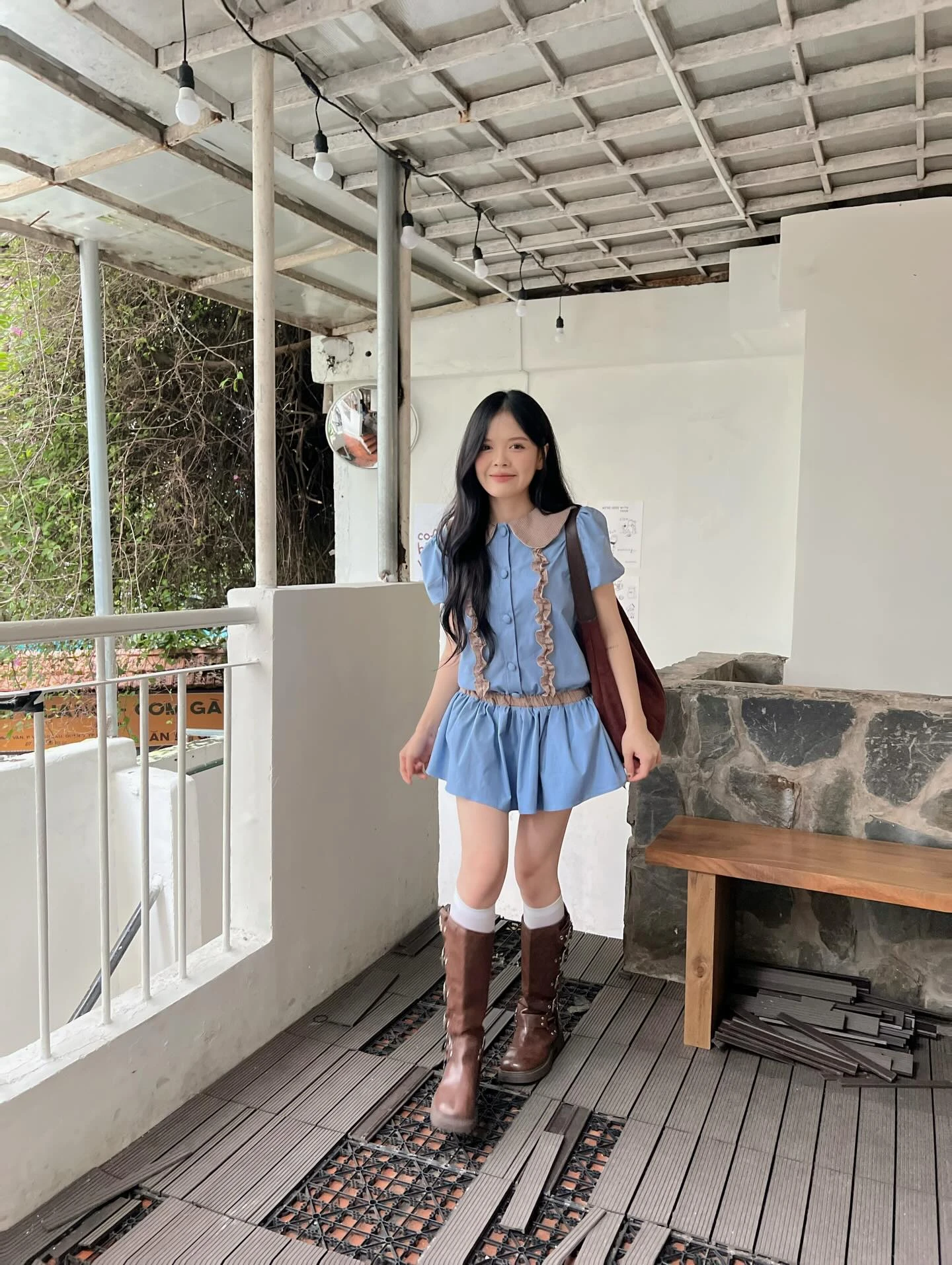 Set babydoll xanh dương phối caro nâu kèm bảo hộ