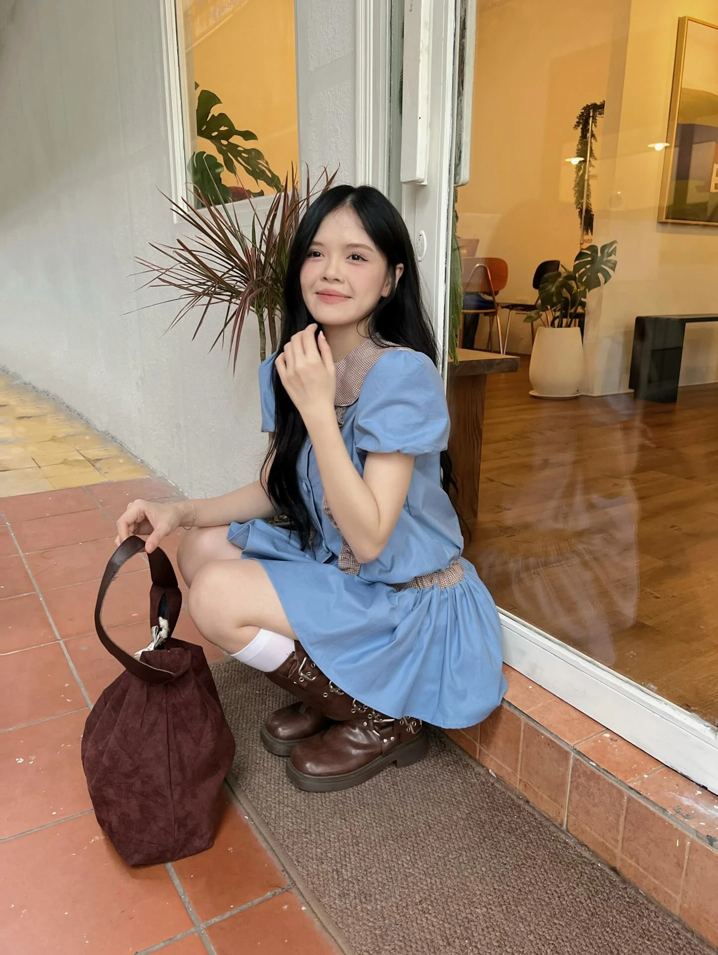 Set babydoll xanh dương phối caro nâu kèm bảo hộ