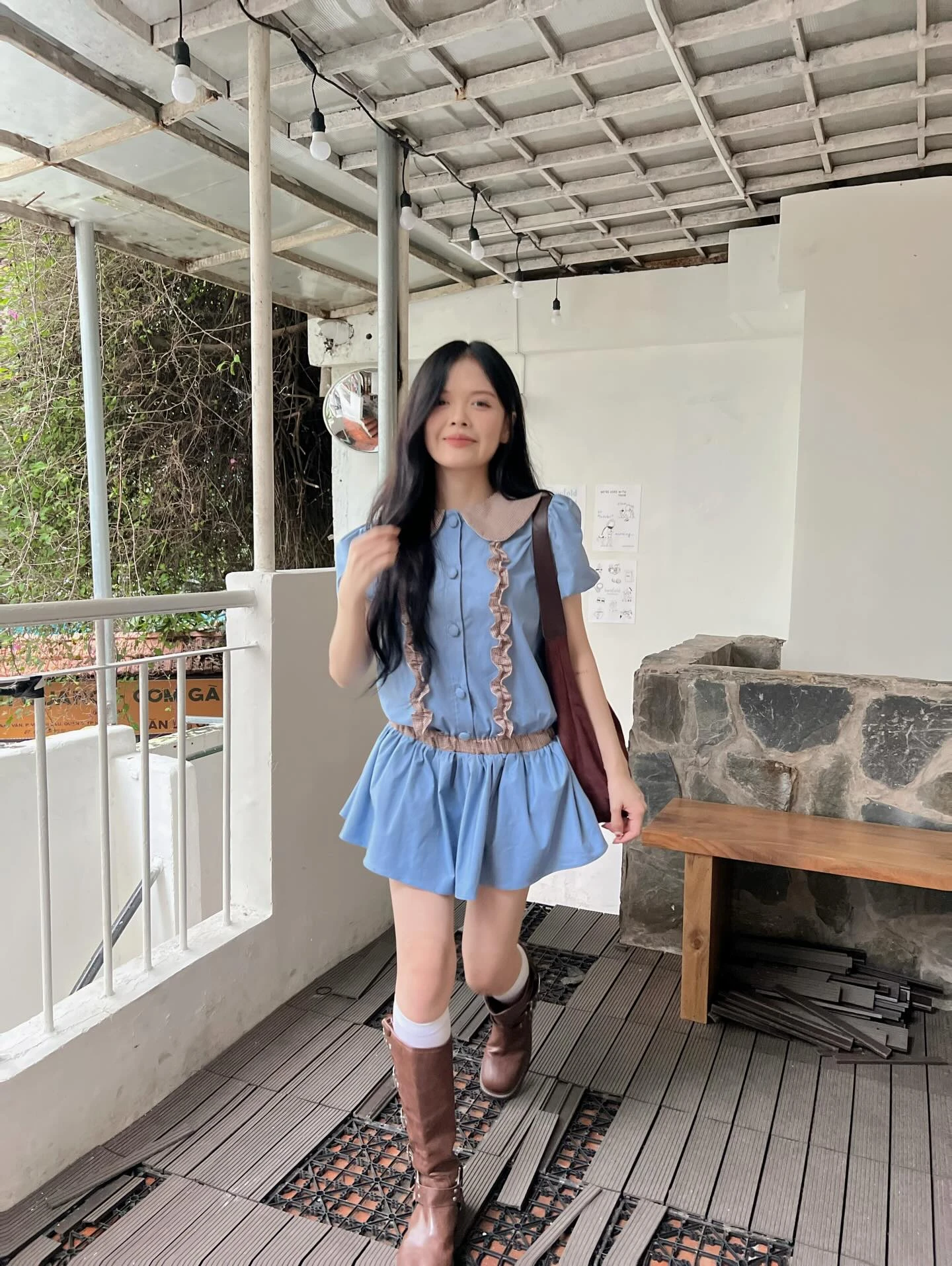 Set babydoll xanh dương phối caro nâu kèm bảo hộ