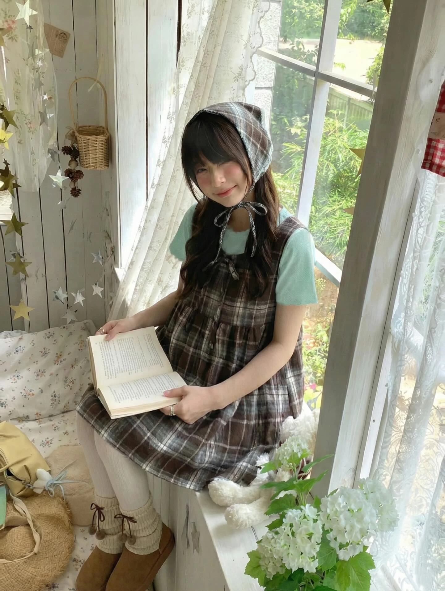 Set babydoll áo thun xanh yếm caro nâu