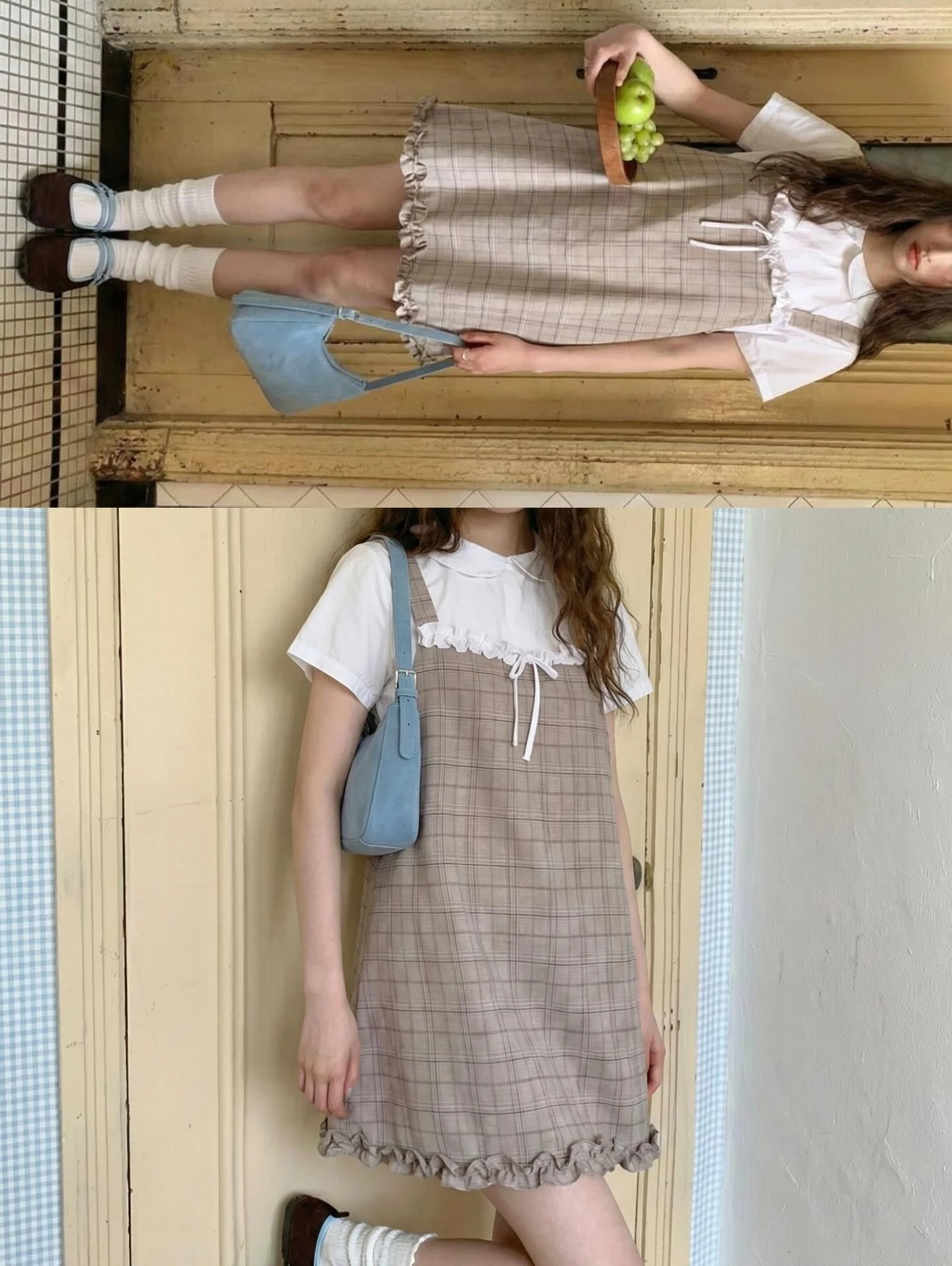 Set babydoll áo trắng yếm caro nâu nhạt