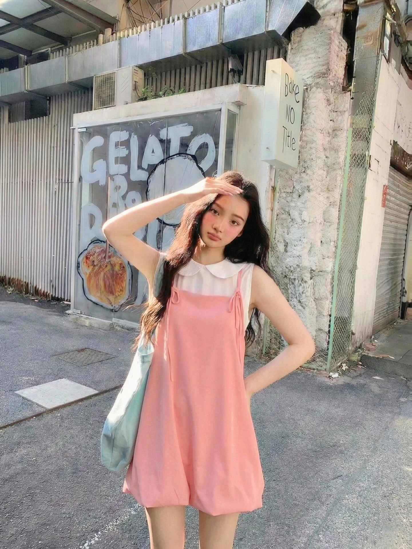  Set babydoll áo trắng sát nách yếm hồng dáng bí 