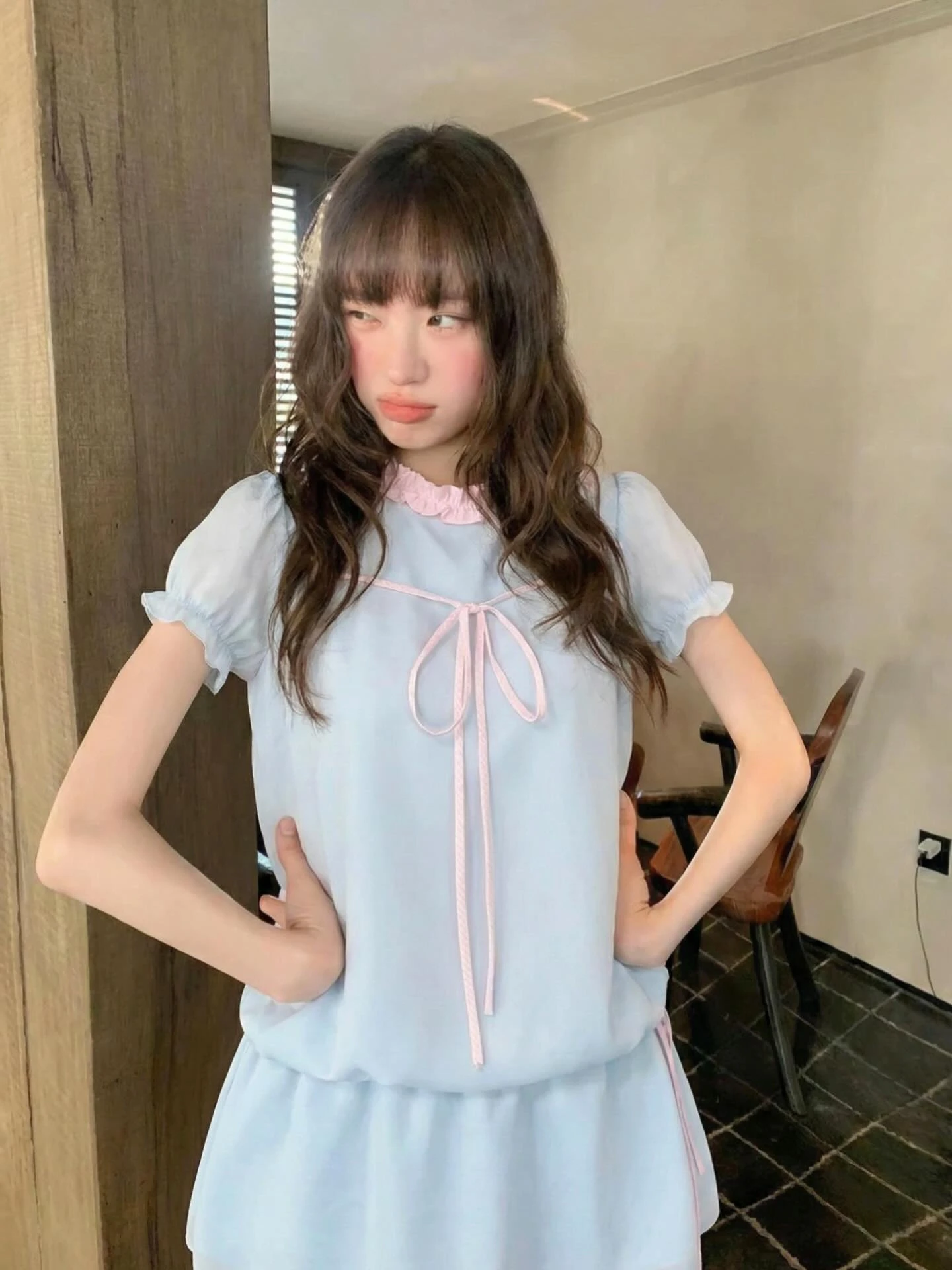 Set babydoll xanh dương phối caro hồng rút dây kèm quần bảo hộ