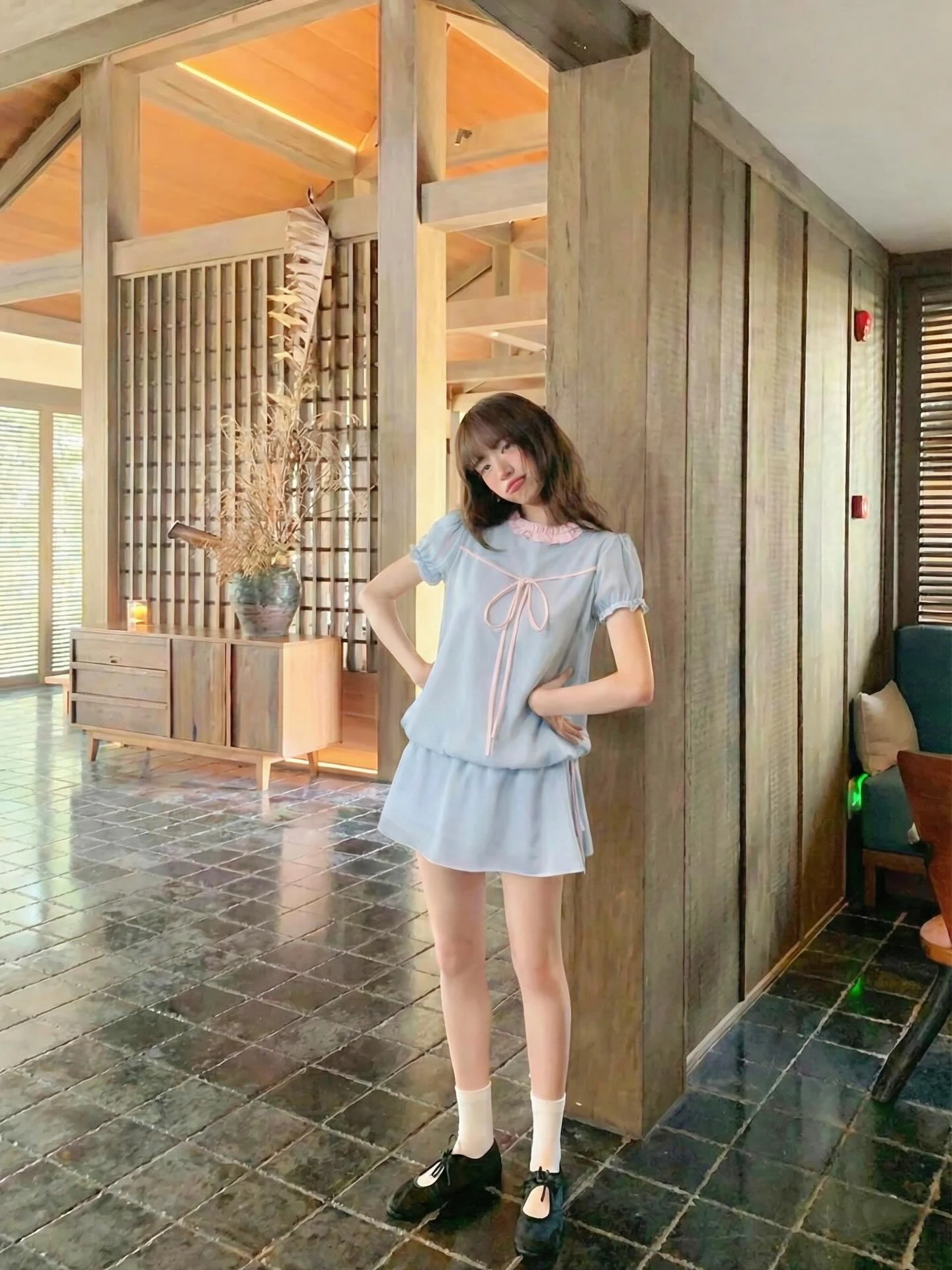 Set babydoll xanh dương phối caro hồng rút dây kèm quần bảo hộ