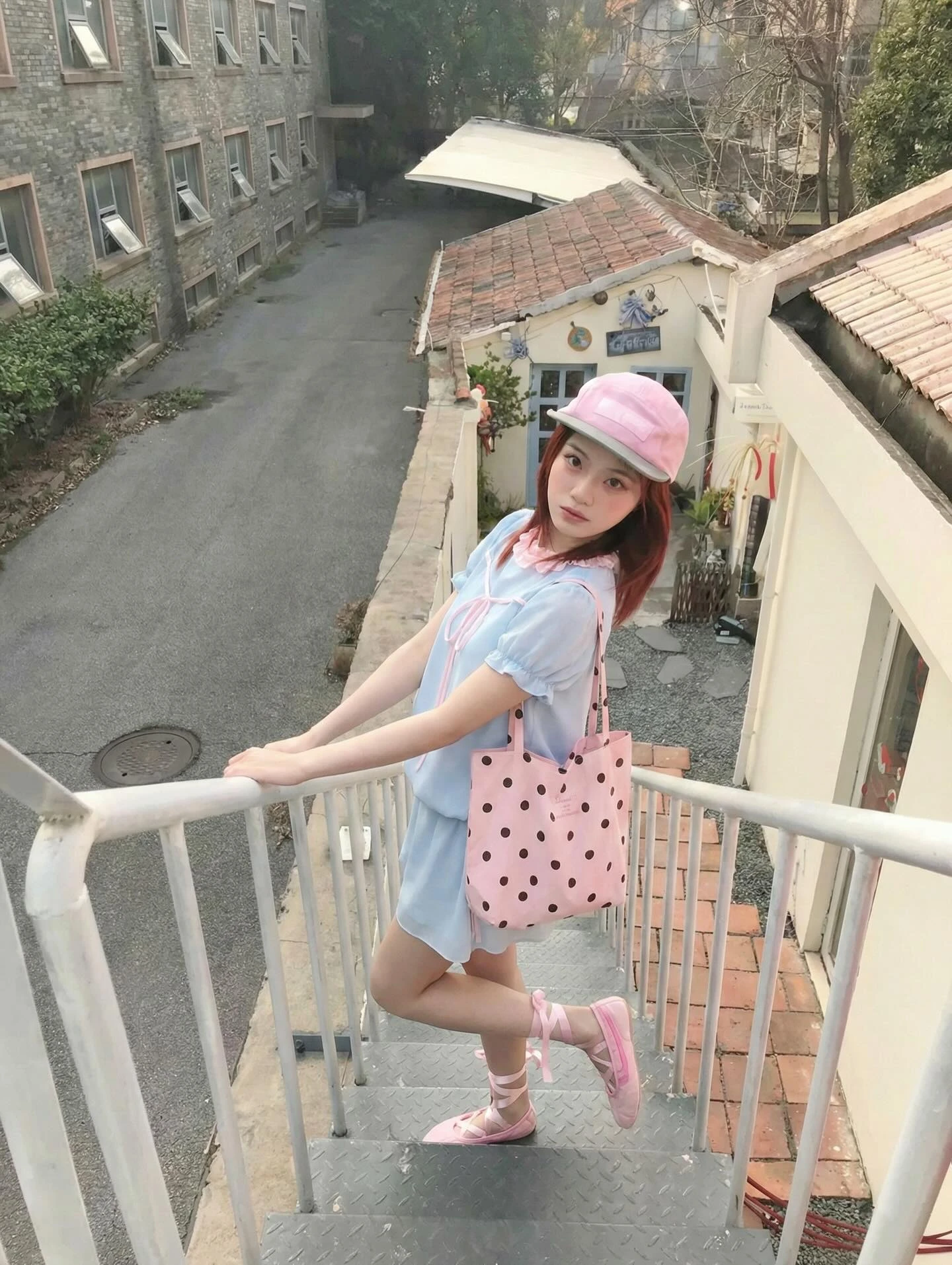 Set babydoll xanh dương phối caro hồng rút dây kèm quần bảo hộ