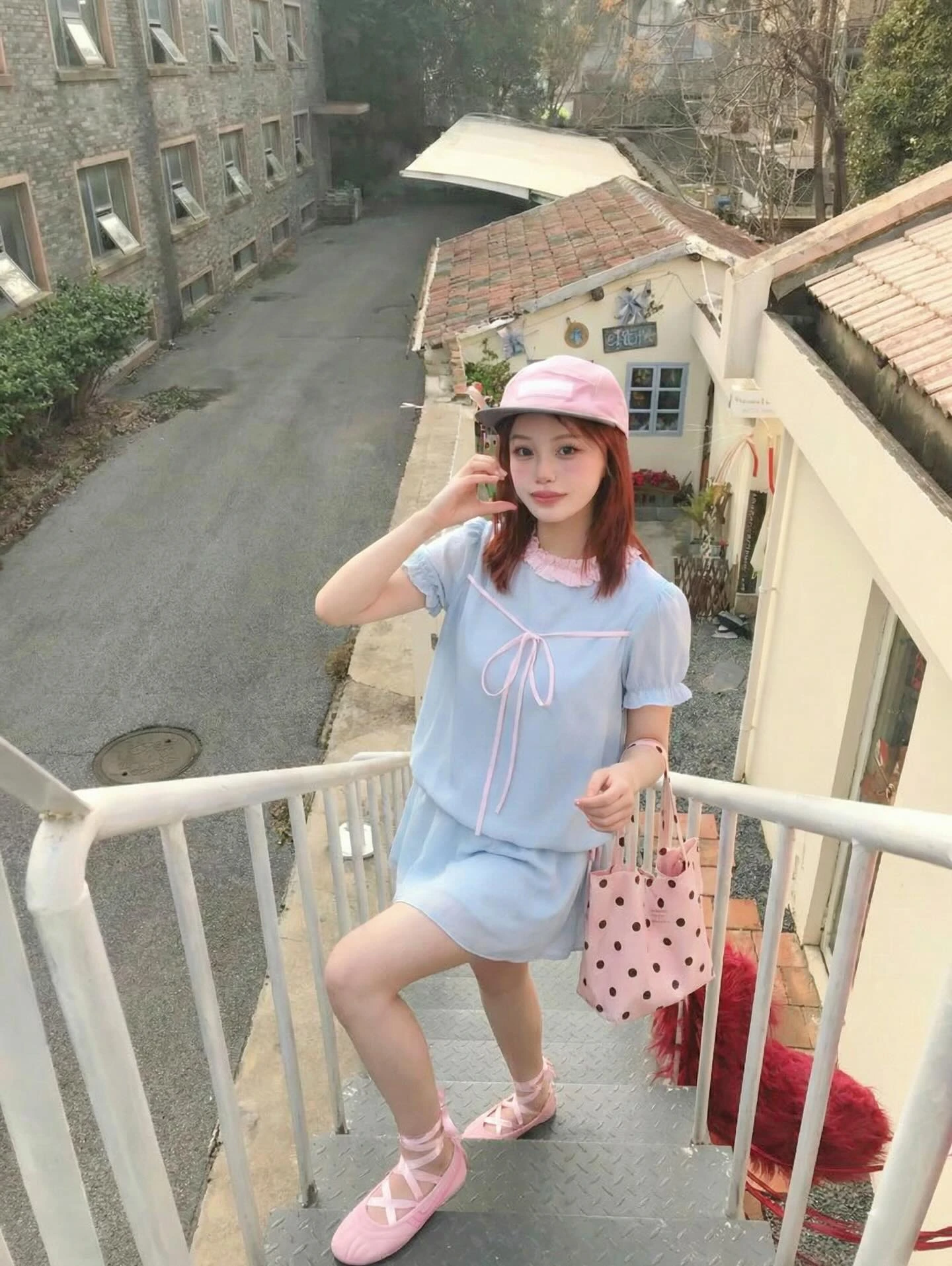 Set babydoll xanh dương phối caro hồng rút dây kèm quần bảo hộ