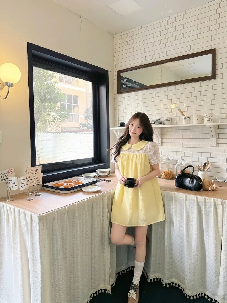  Đầm babydoll vàng phối ren  