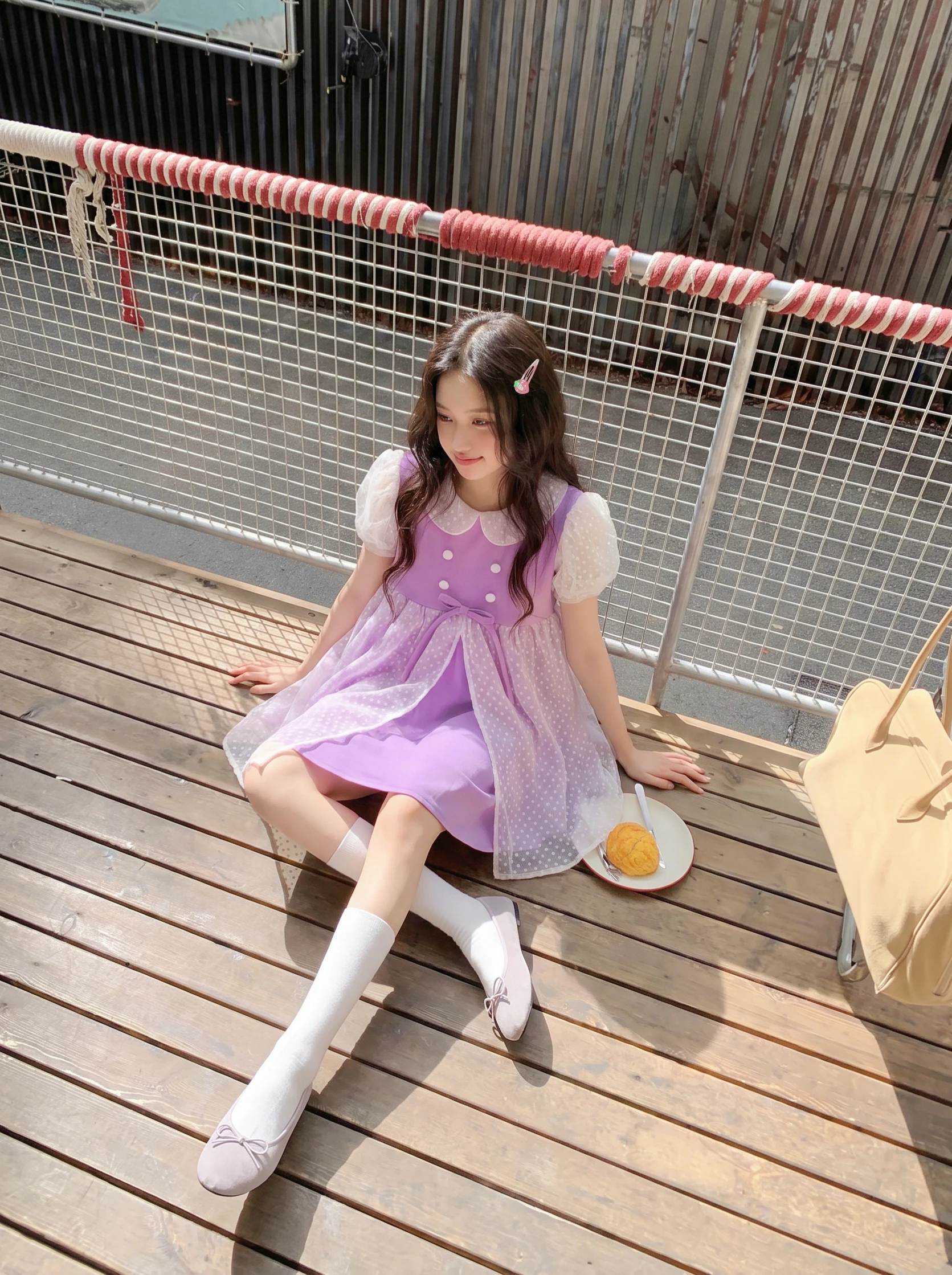 Đầm babydoll tím phối ren