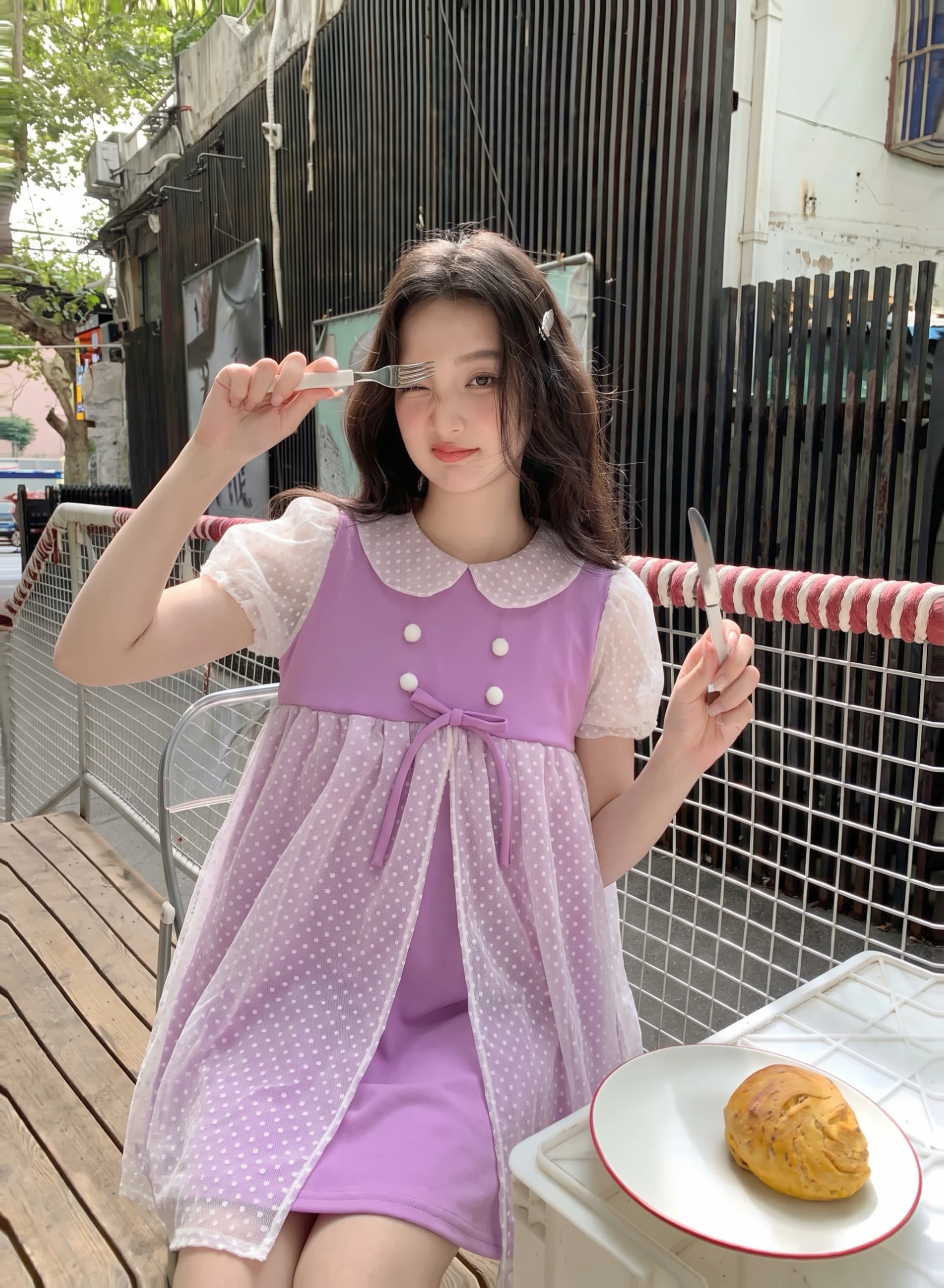 Đầm babydoll tím phối ren