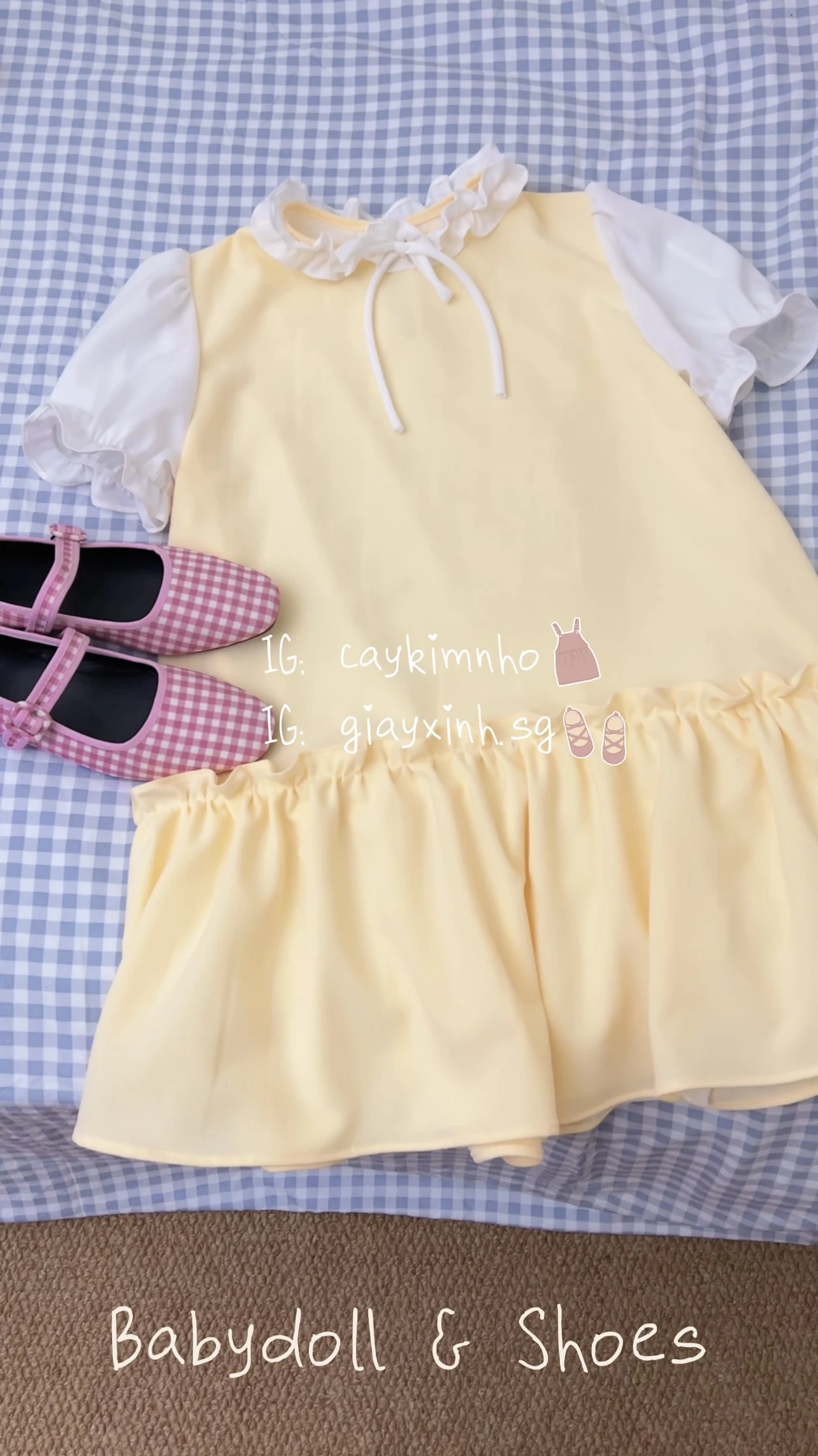 Đầm babydoll vàng phối bèo cổ tay trắng