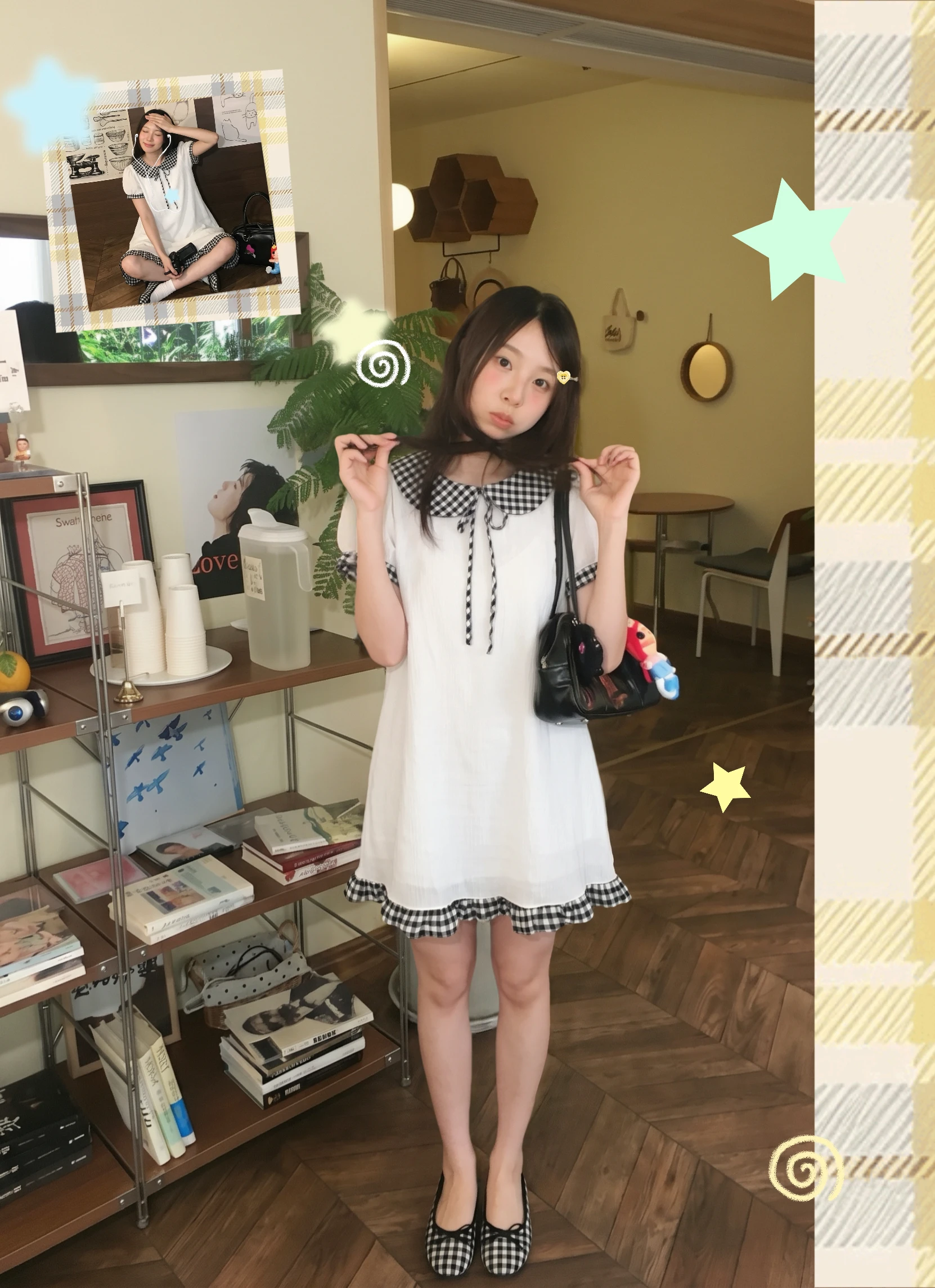 Đầm babydoll trắng phối caro đen tay bèo nơ