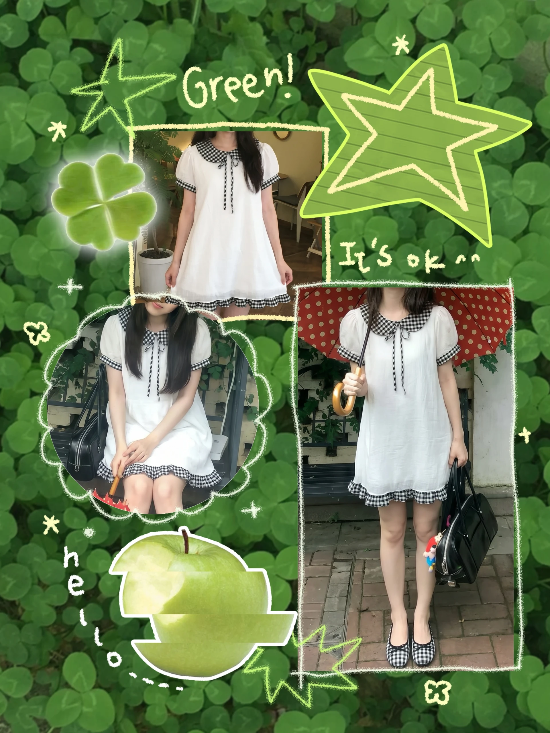 Đầm babydoll trắng phối caro đen tay bèo nơ