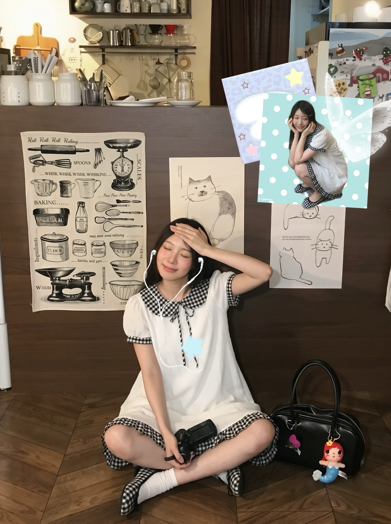 Đầm babydoll trắng phối caro đen tay bèo nơ