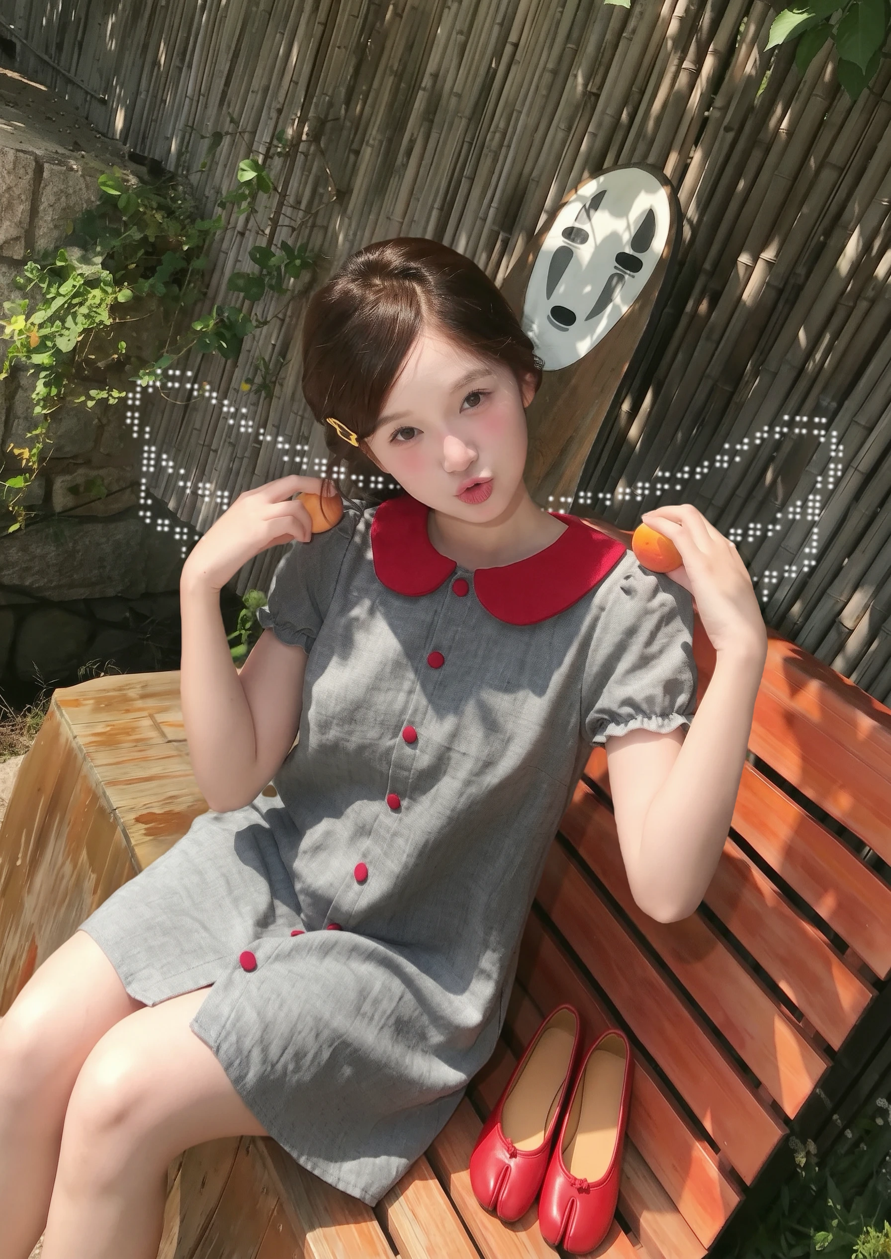 Đầm babydoll xám đậm phối cổ nút đỏ 