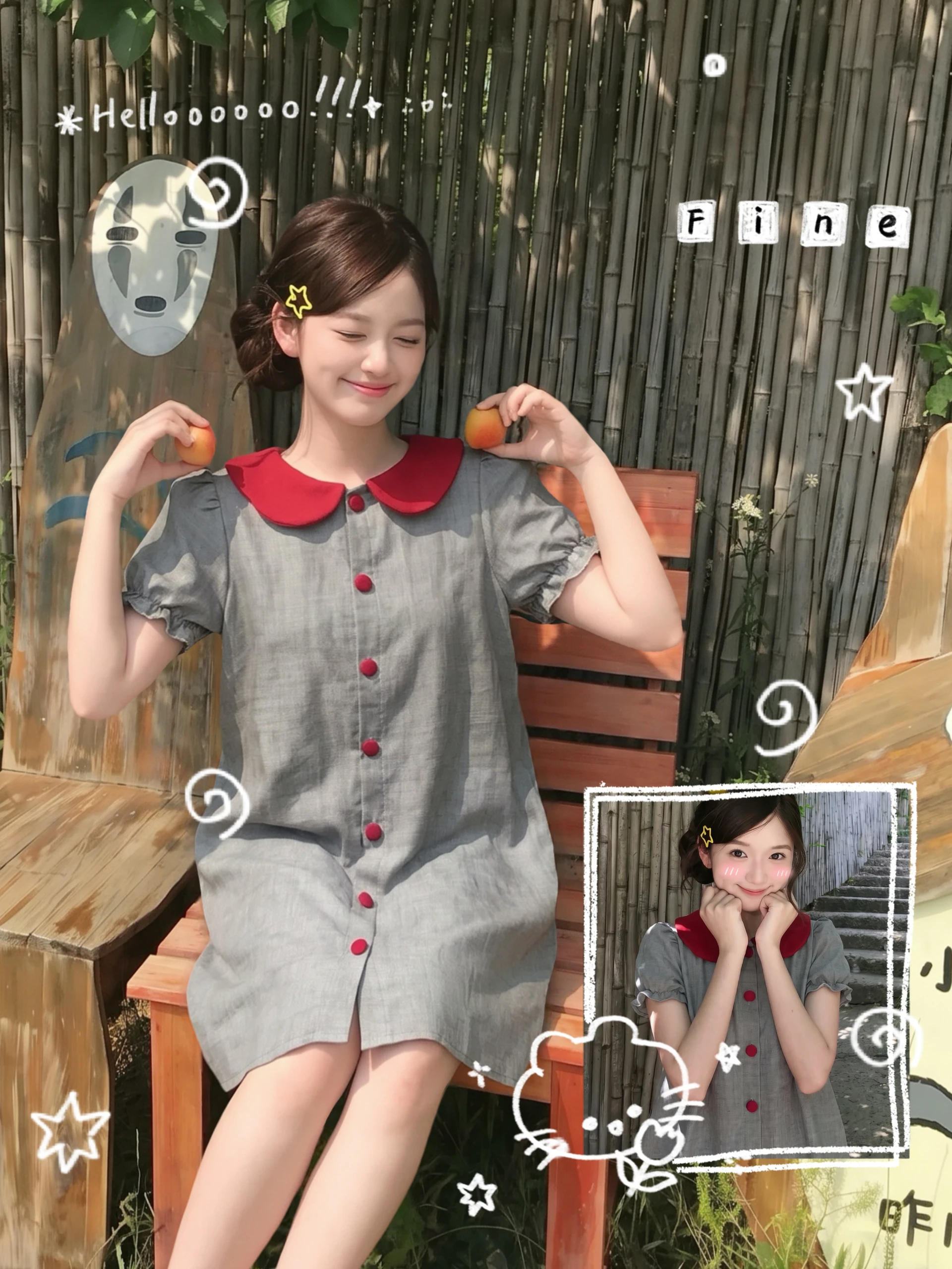 Đầm babydoll xám đậm phối cổ nút đỏ 