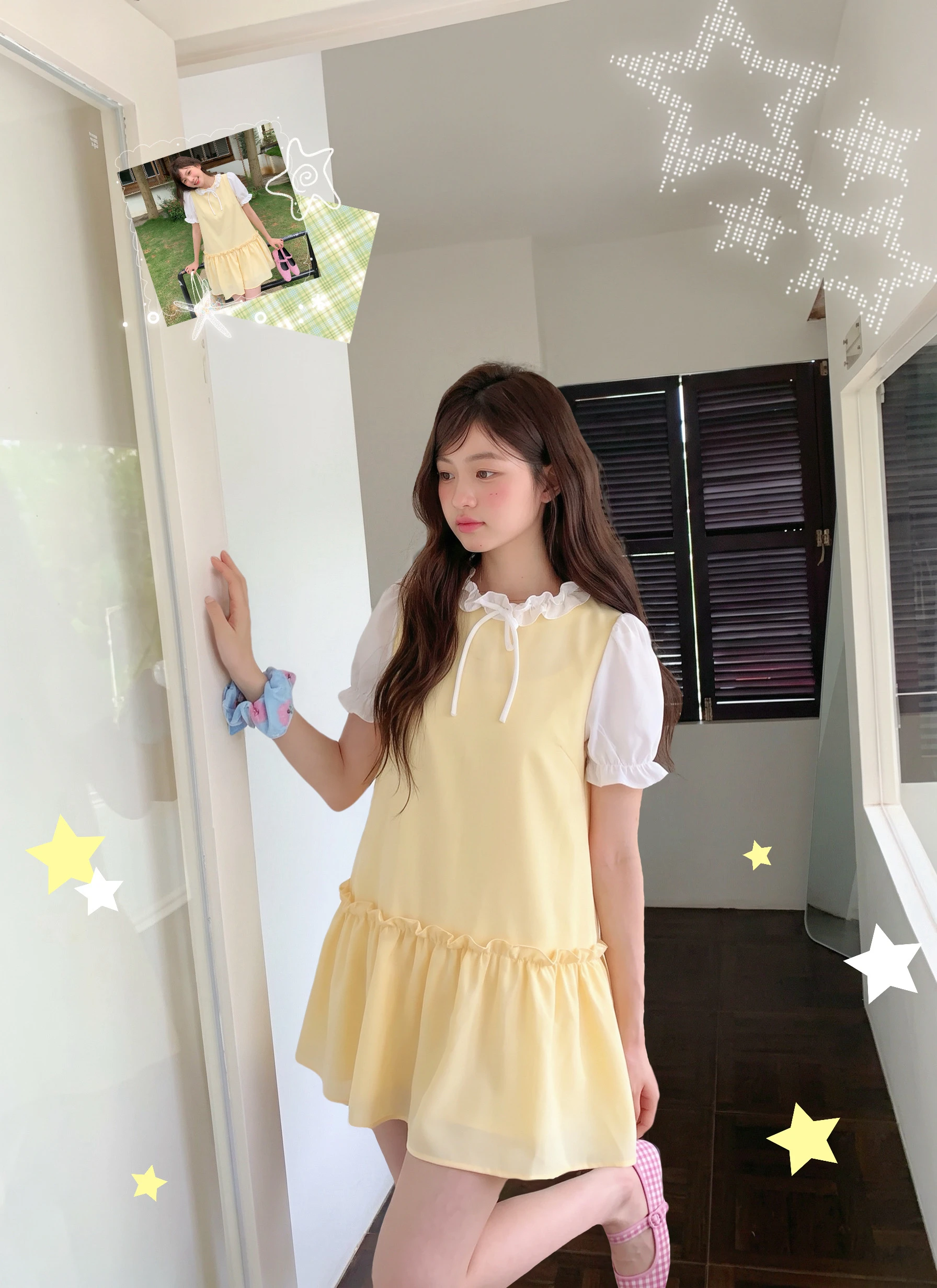 Đầm babydoll vàng phối bèo cổ tay trắng