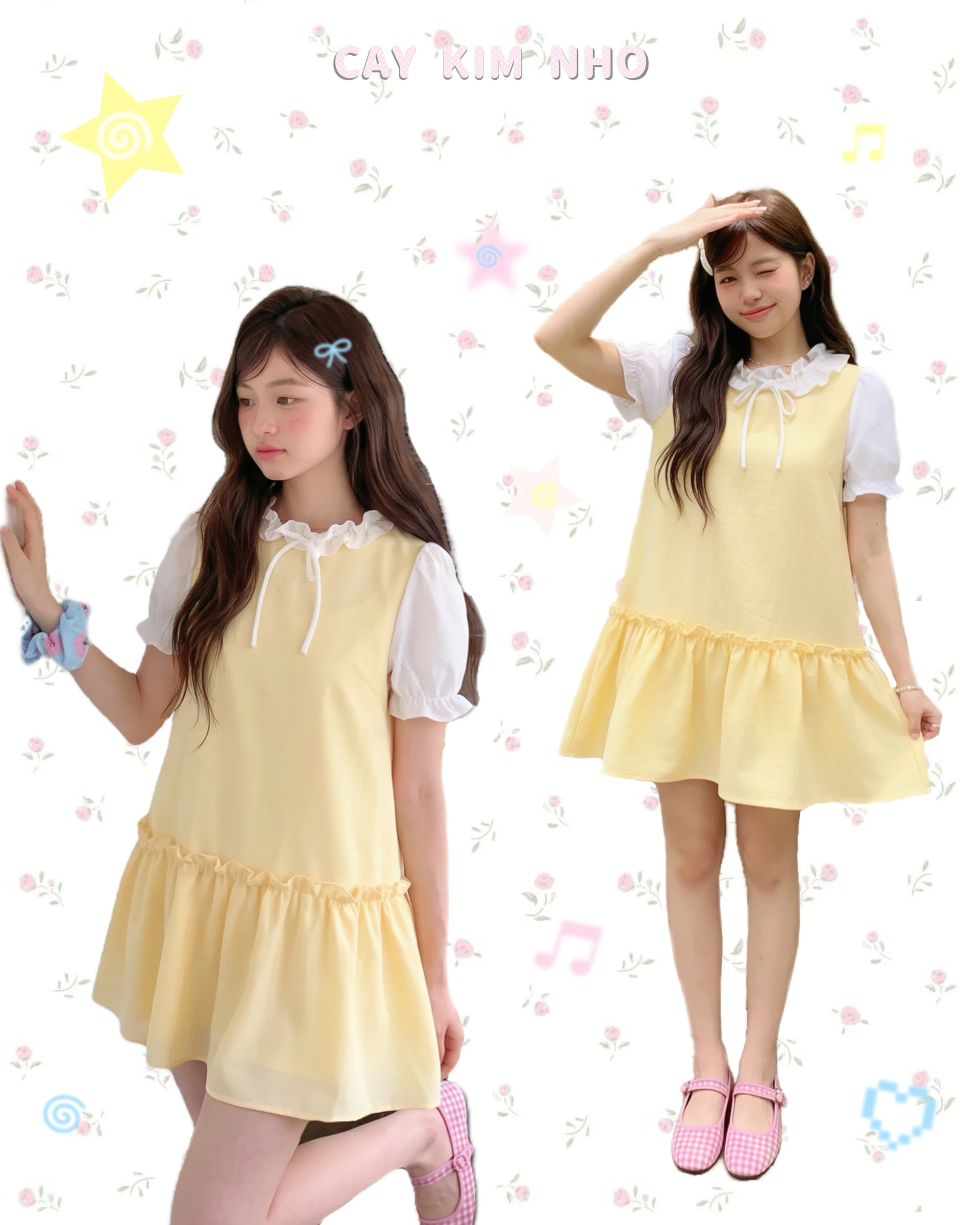 Đầm babydoll vàng phối bèo cổ tay trắng