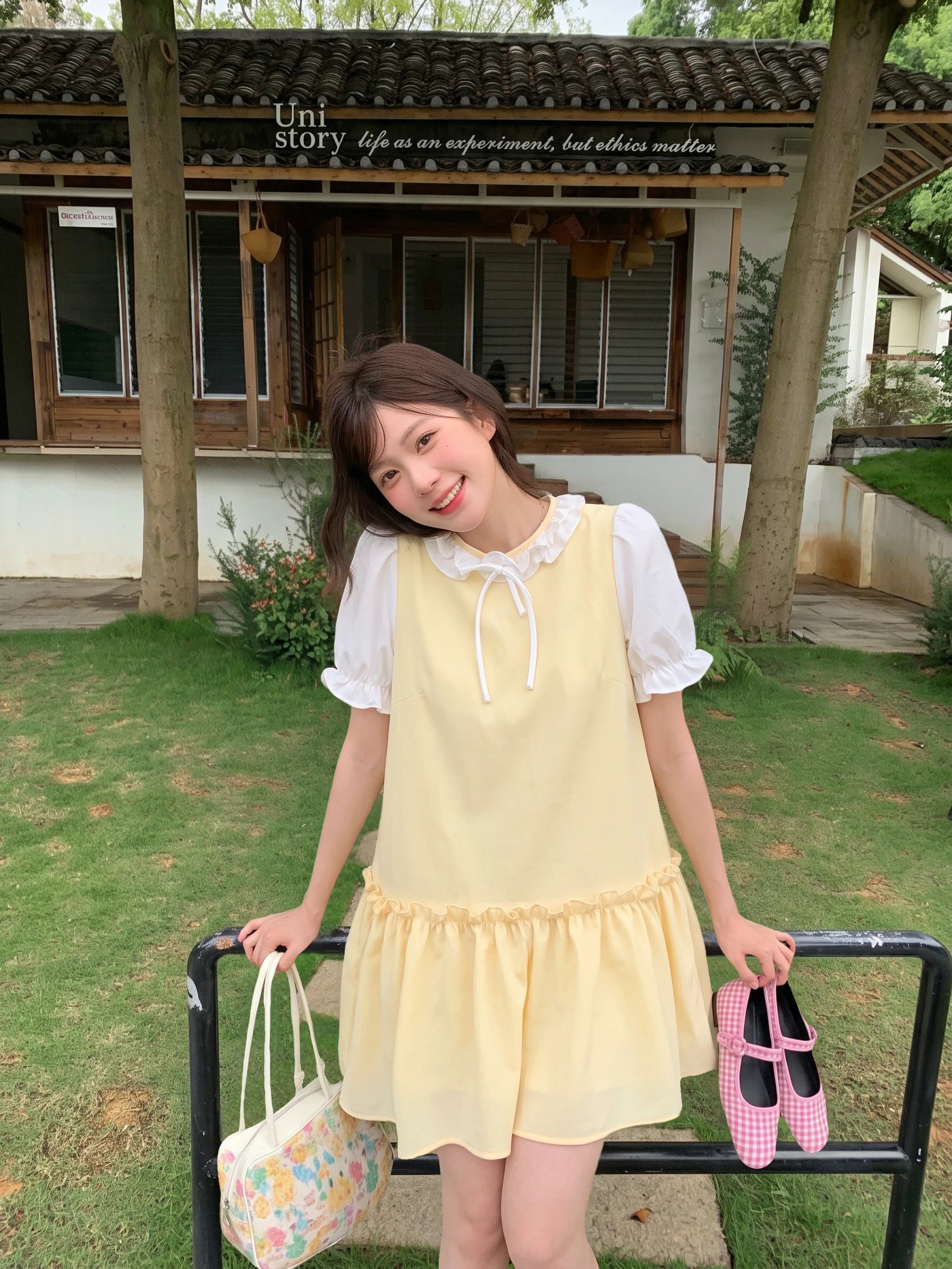 Đầm babydoll vàng phối bèo cổ tay trắng