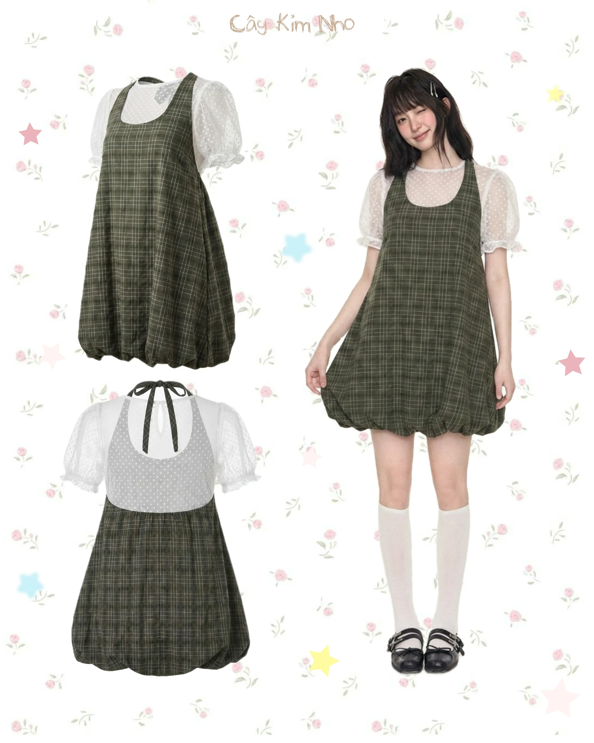  Set babydoll áo thun lưới ren chấm bi + yếm xanh lá bí 