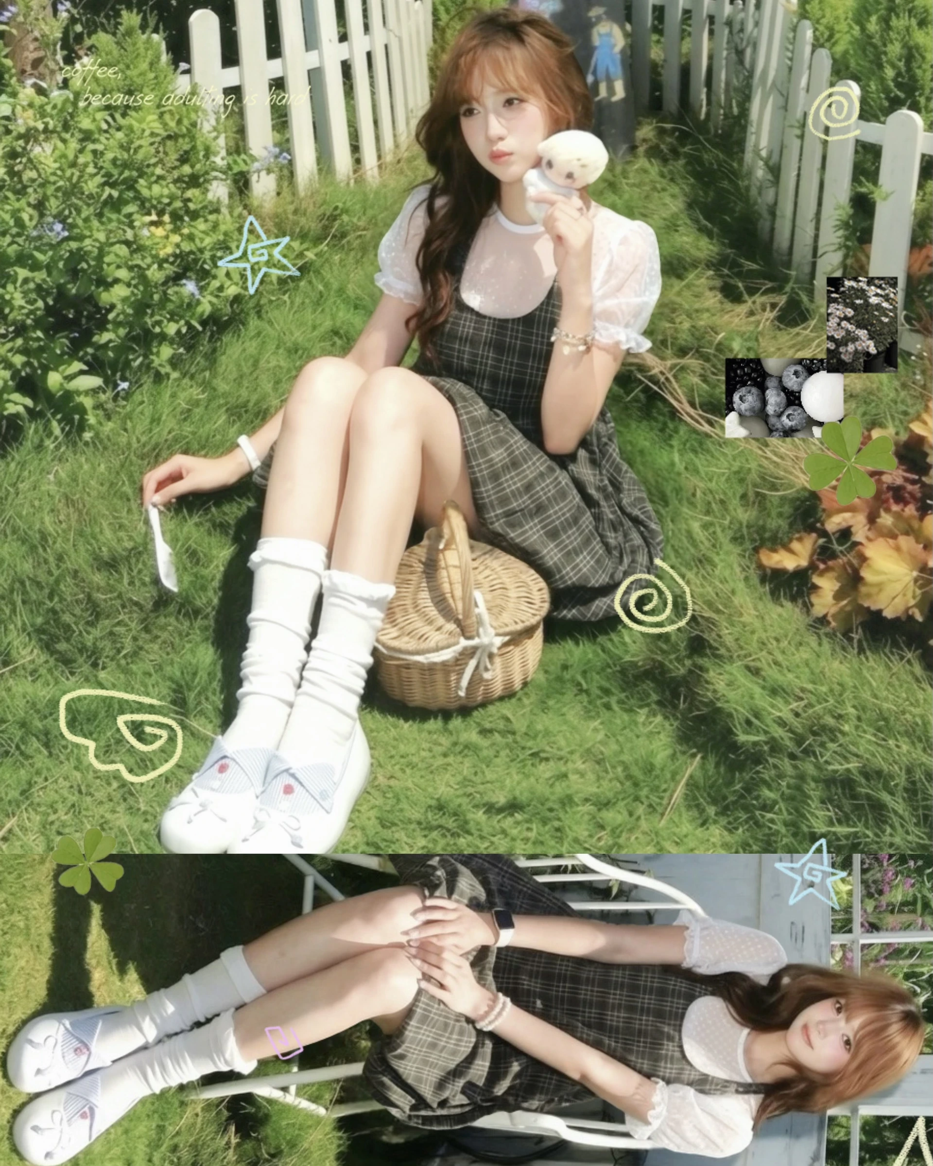 Set babydoll áo thun lưới ren chấm bi + yếm xanh lá bí