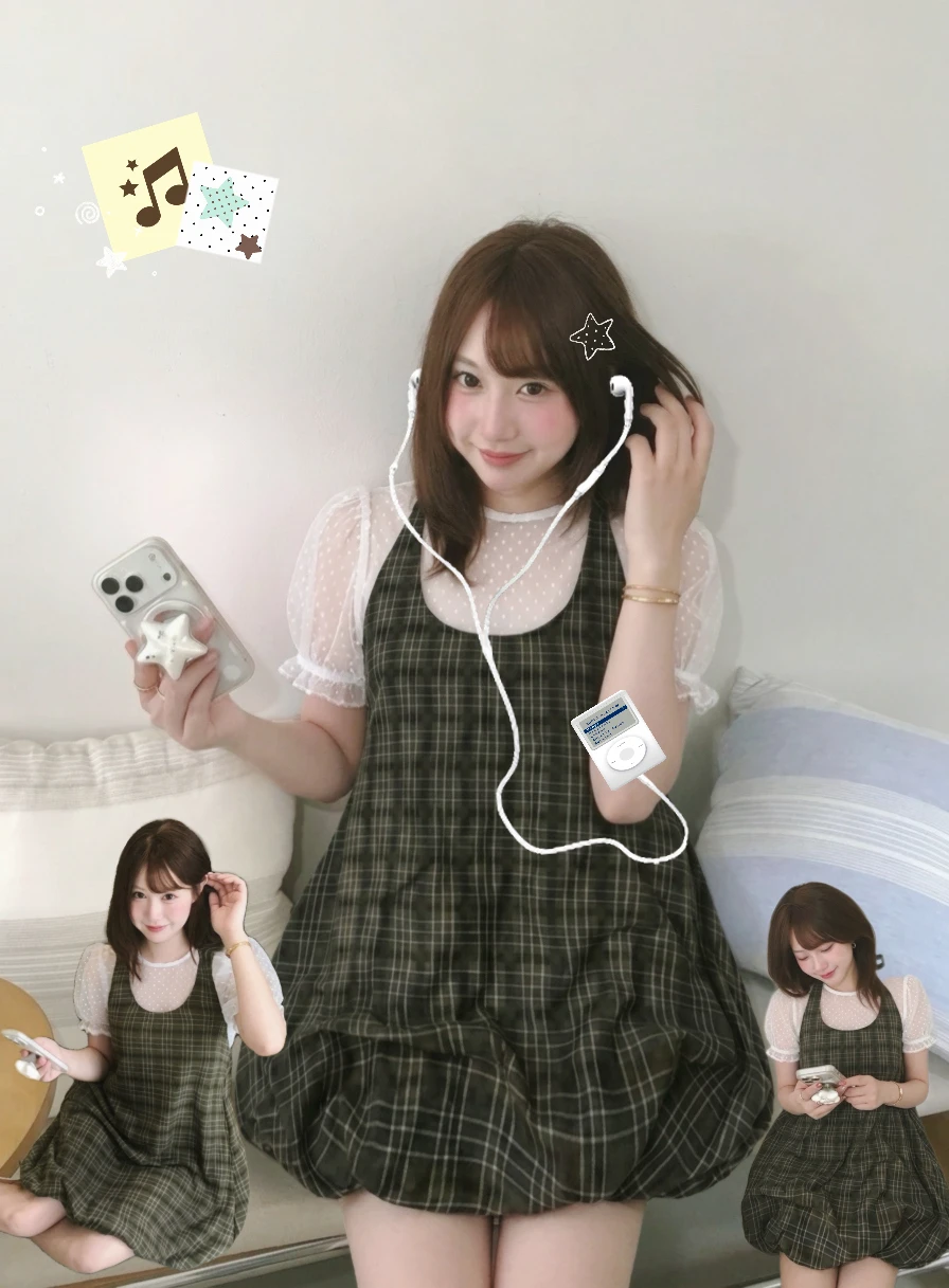 Set babydoll áo thun lưới ren chấm bi + yếm xanh lá bí