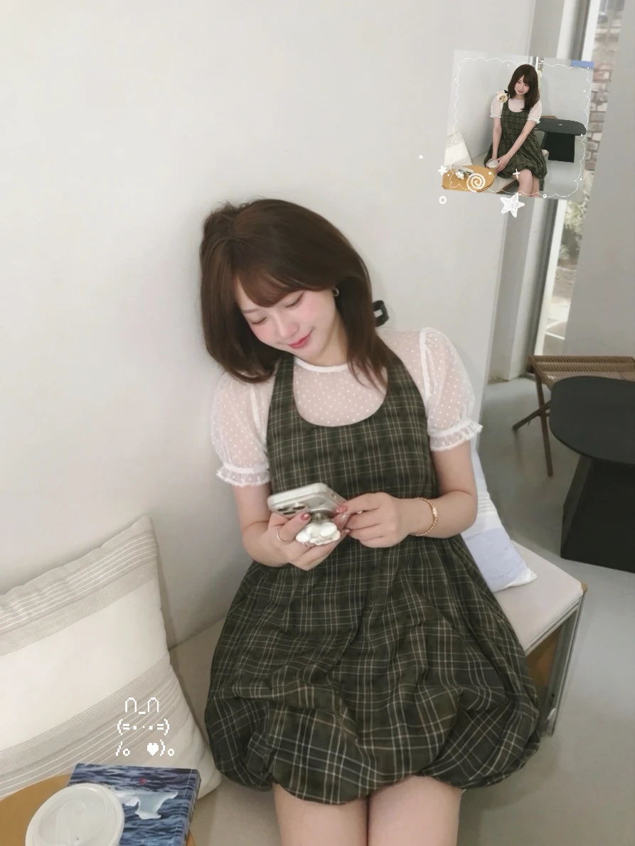 Set babydoll áo thun lưới ren chấm bi + yếm xanh lá bí