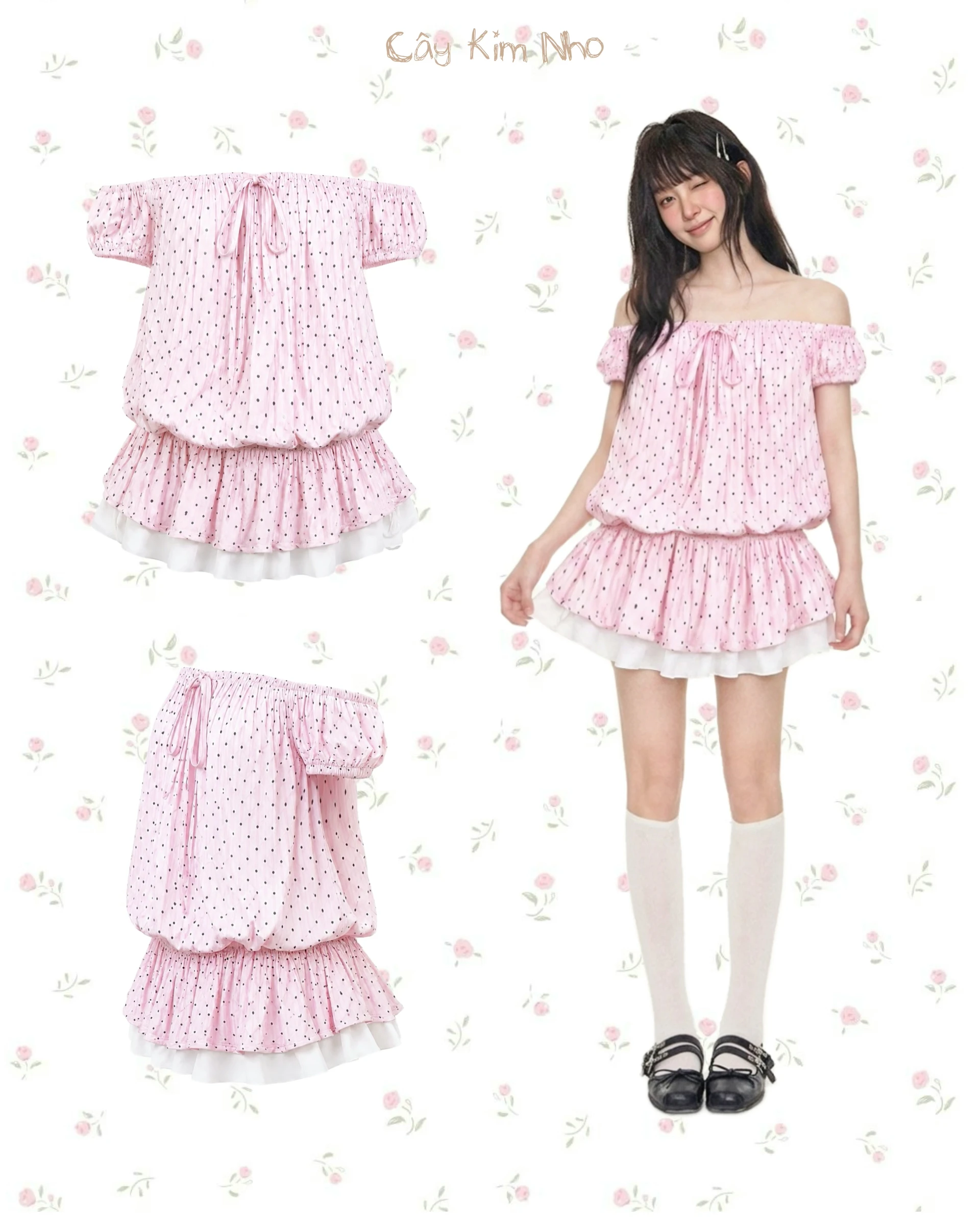  Set babydoll bệt vai hồng chấm bi pastel rút dây (kèm bảo hộ) 