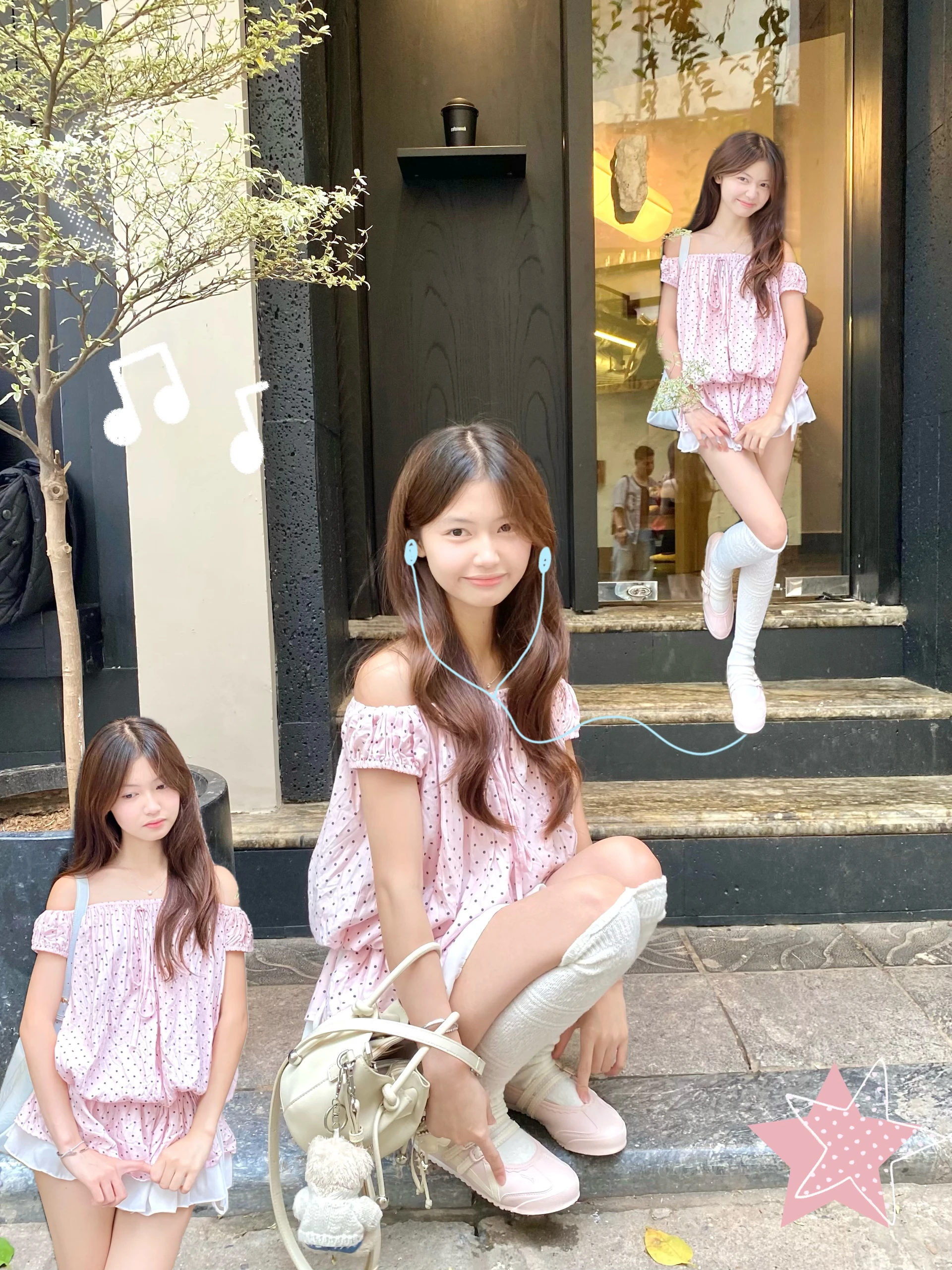 Set babydoll bệt vai hồng chấm bi pastel rút dây (kèm bảo hộ)