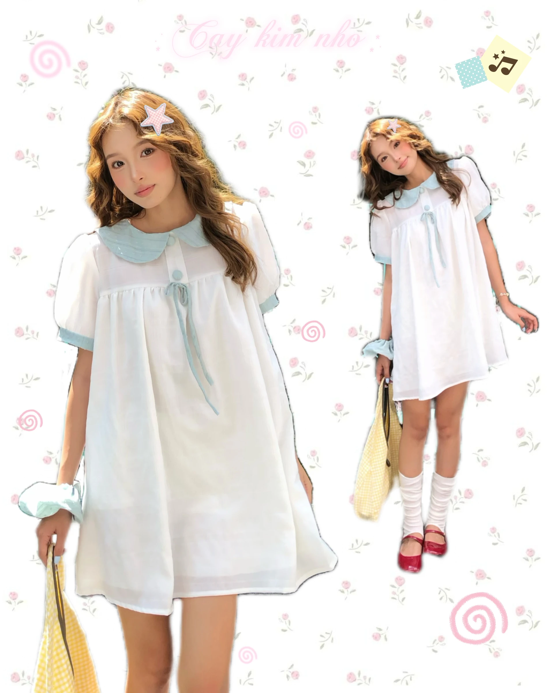  Đầm babydoll trắng phối xanh mint 
