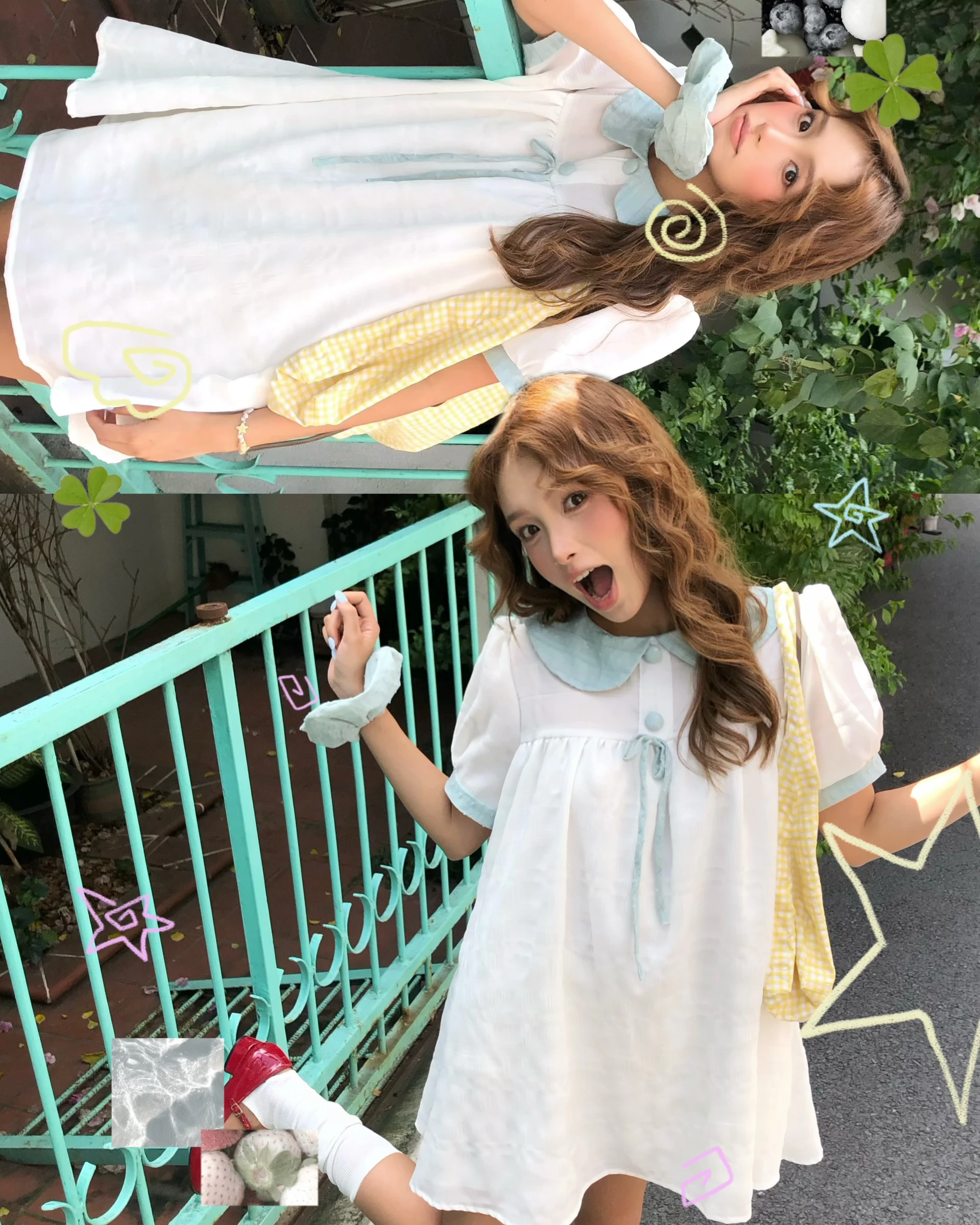 Đầm babydoll trắng phối xanh mint