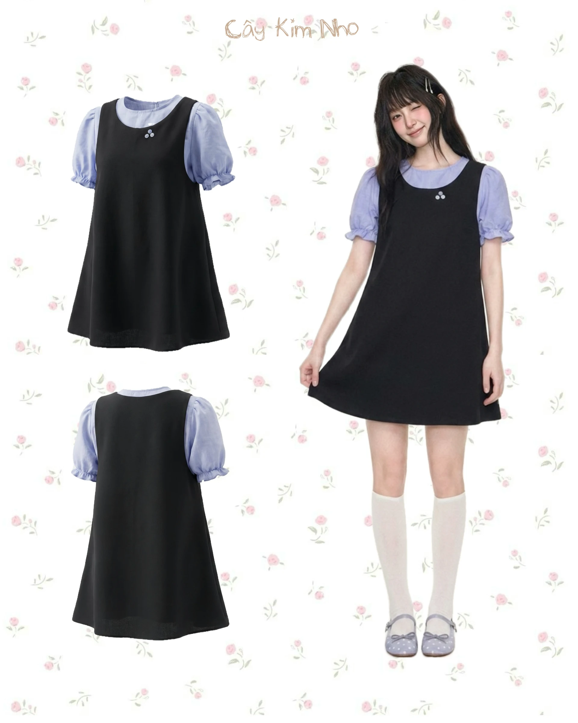  Set babydoll áo xanh + yếm đen 3 nút handmade 