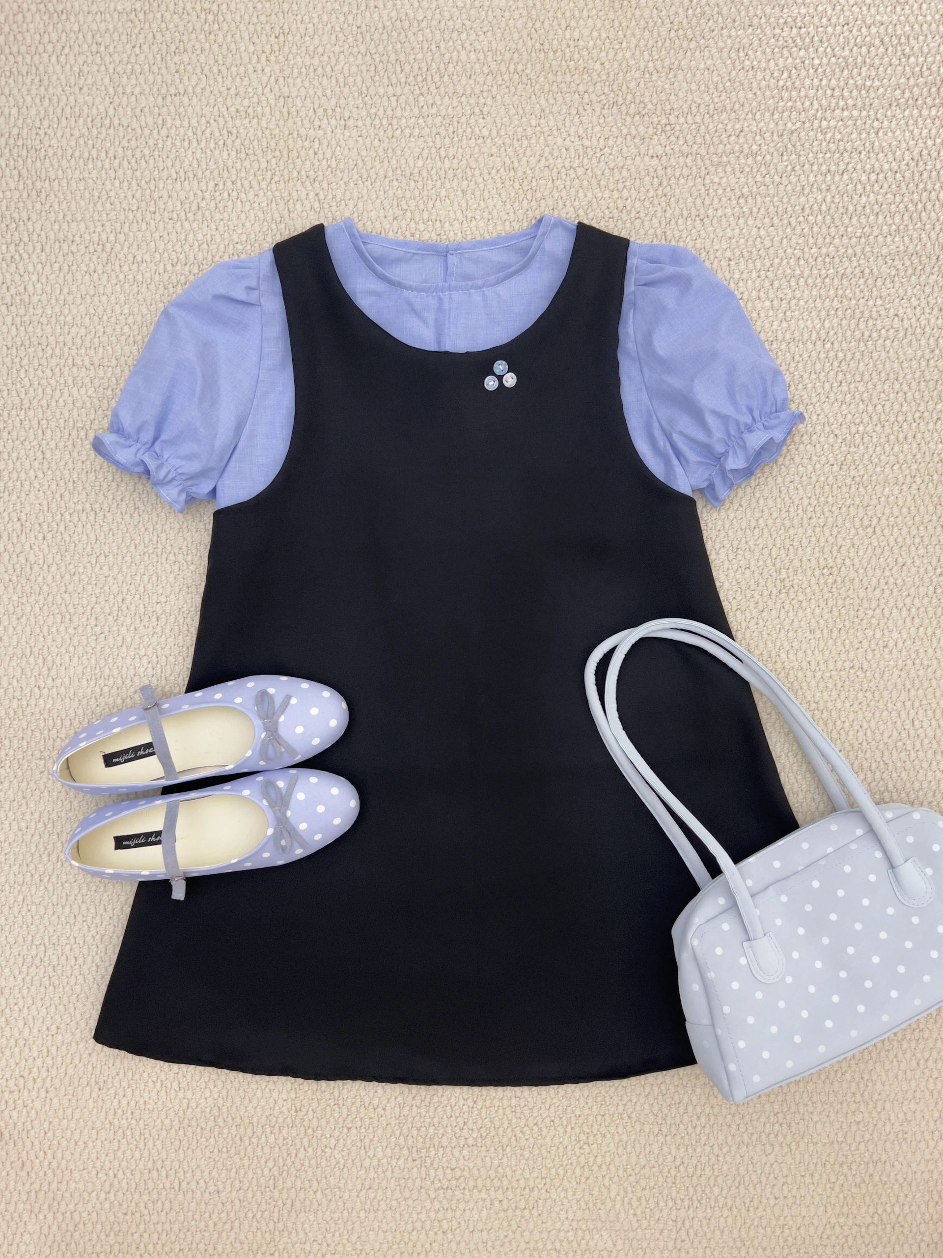 Set babydoll áo xanh + yếm đen 3 nút handmade