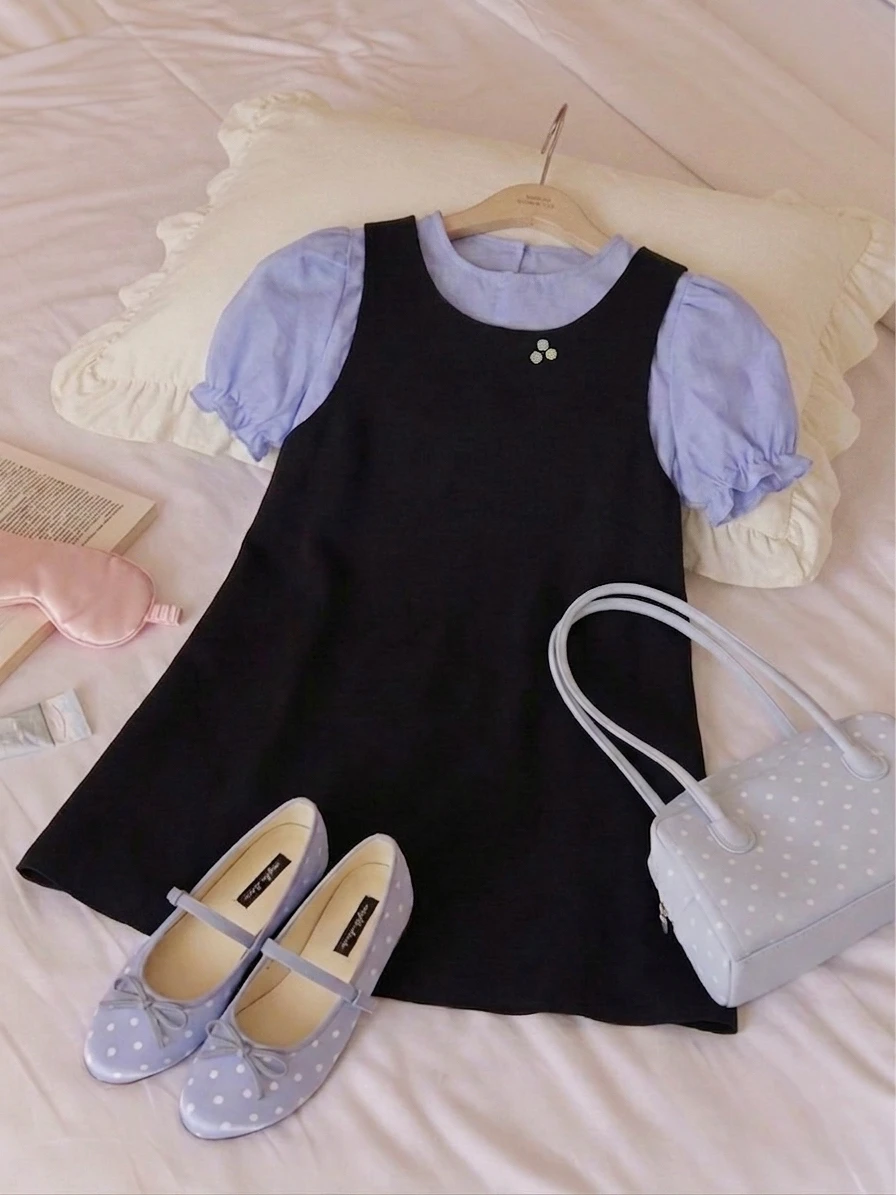 Set babydoll áo xanh + yếm đen 3 nút handmade