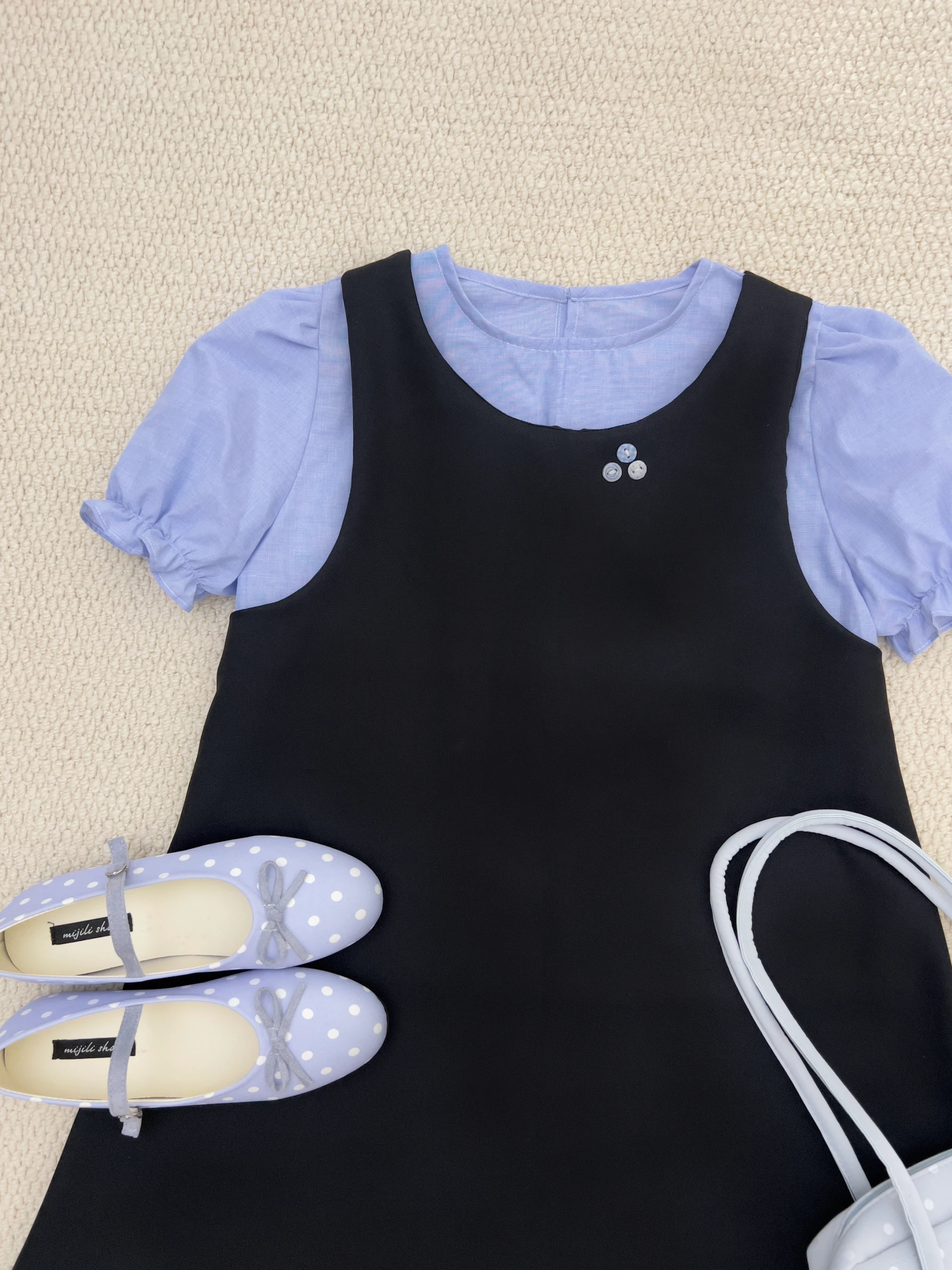 Set babydoll áo xanh + yếm đen 3 nút handmade