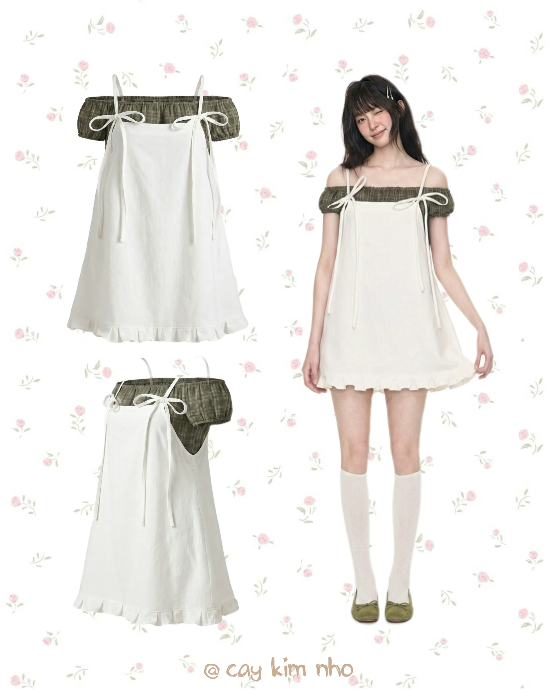  Set babydoll áo bệt vai caro xanh + yếm trắng 4dây tặng kèm khăn turban 